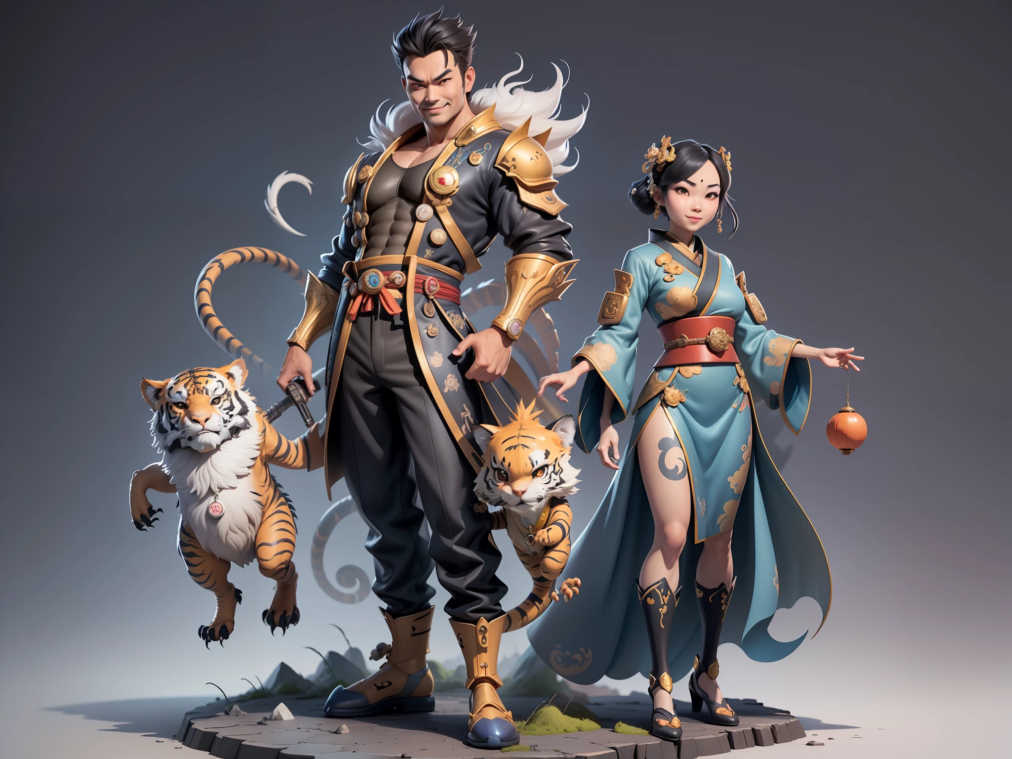 (Masterpiece), (Excellent), (Super Meticulous), (Full Body: 1.2), Super Young Man with Japanese Female Geisha, Beauty, Chinese Dragon, Tiger, Wind God Thor, Sexy, Bursting, Oriental Face, TV Anchor, Bust Portrait Illustration, Black Suit, Blue Tie, Slightly Chubby, Very Clean Face, No Beard, Black Super Short Hair, Black Eyes, Confident Smile, 3c Computer Sub-Products, iPad, iPhone, Digital Painting, 3D Character Design by Mark Claireden and Pixar and Hayao Miyazaki and Akira Toriyama, The illustration is a high-definition illustration in 4K resolution with very detailed facial features and cartoon-style visuals.