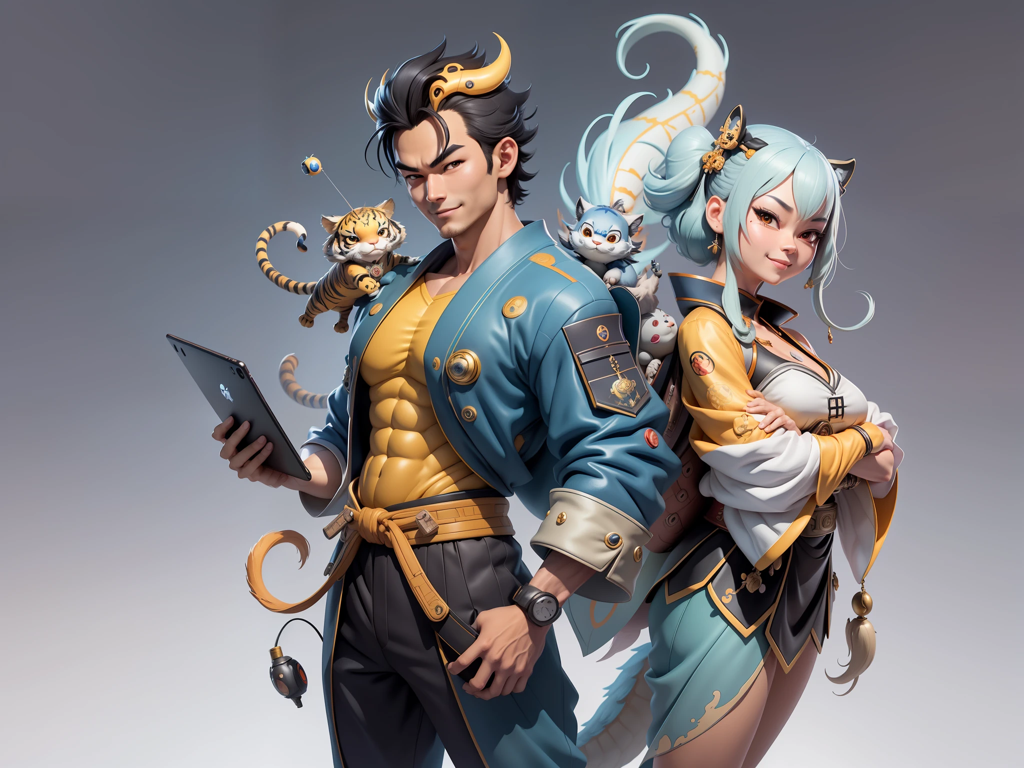 (Masterpiece), (Excellent), (Super Meticulous), (Full Body: 1.2), Super Young Man with Japanese Female Geisha, Beauty, Chinese Dragon, Tiger, Wind God Thor, Sexy, Bursting, Oriental Face, TV Anchor, Bust Portrait Illustration, Black Suit, Blue Tie, Slightly Chubby, Very Clean Face, No Beard, Black Super Short Hair, Black Eyes, Confident Smile, 3c Computer Sub-Products, iPad, iPhone, Digital Painting, 3D Character Design by Mark Claireden and Pixar and Hayao Miyazaki and Akira Toriyama, The illustration is a high-definition illustration in 4K resolution with very detailed facial features and cartoon-style visuals.