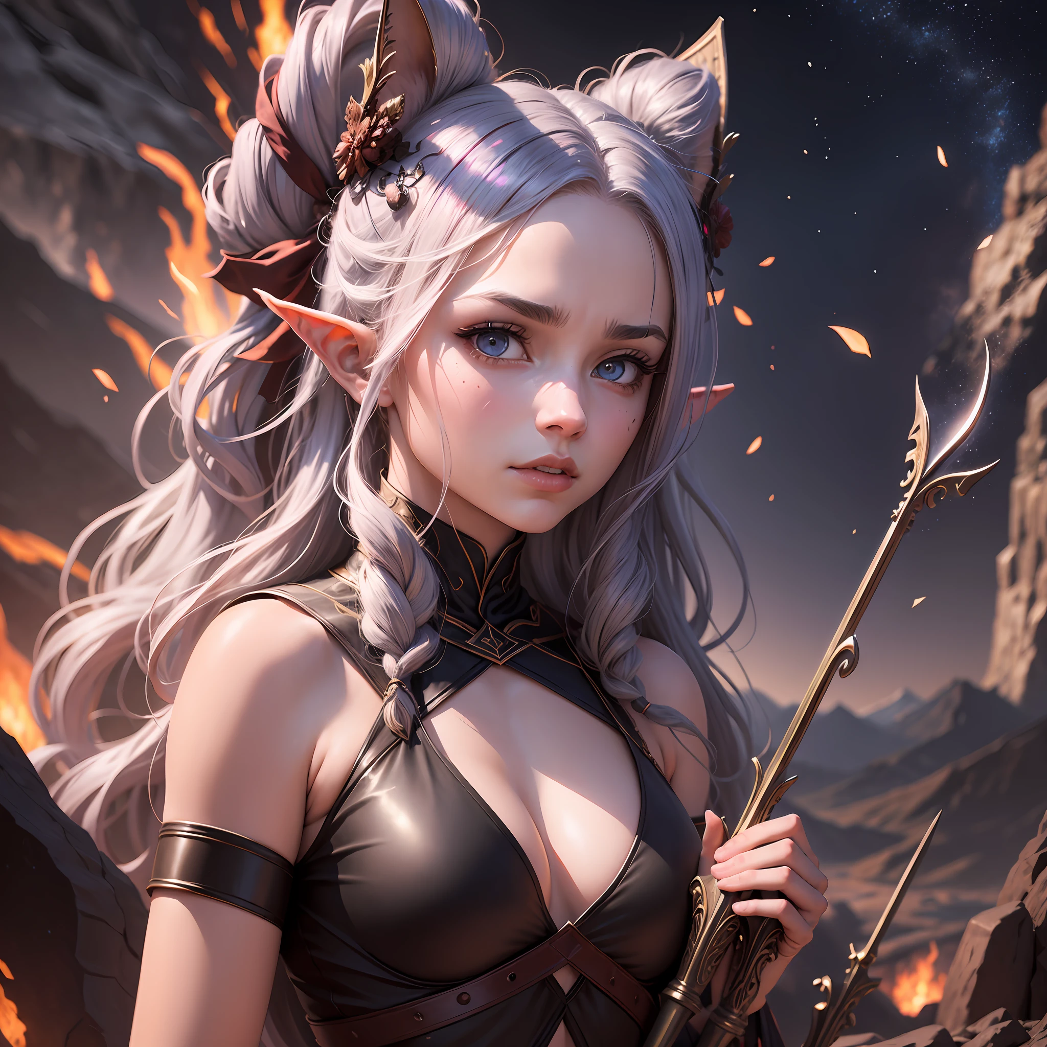 A female elf, panoramic views, Next to the volcano, With a bow and arrow on his back, looking at the sky, Magma flow background, Dust in the air, streaked hair, curtained hair, drill hair, demon horns, mole under eye, empty eyes, animal ears, crazy, jitome, nervous, realism, Surrealism, Fauvism, chiaroscuro, depth of field, vanishing point, UHD, 16k, highres