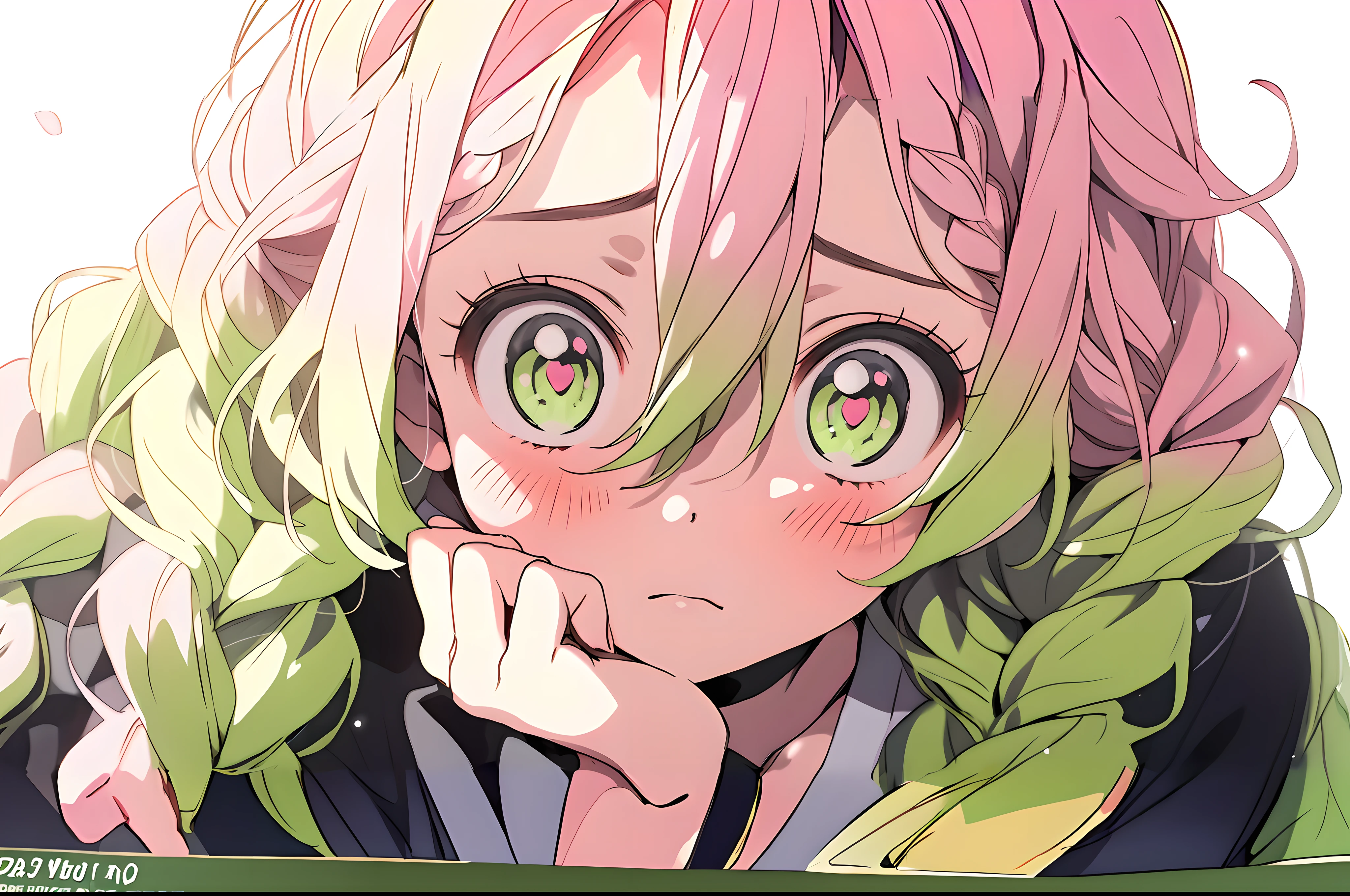 anime girl with pink hair and green eyes looking at camera, anime visual of a cute girl, best anime 4k konachan wallpaper, with huge luminous sad eyes, stunning anime face portrait, cute anime face, extremely cute anime girl face, demon slayer rui fanart, haruno sakura, detailed digital anime art, today's featured anime still