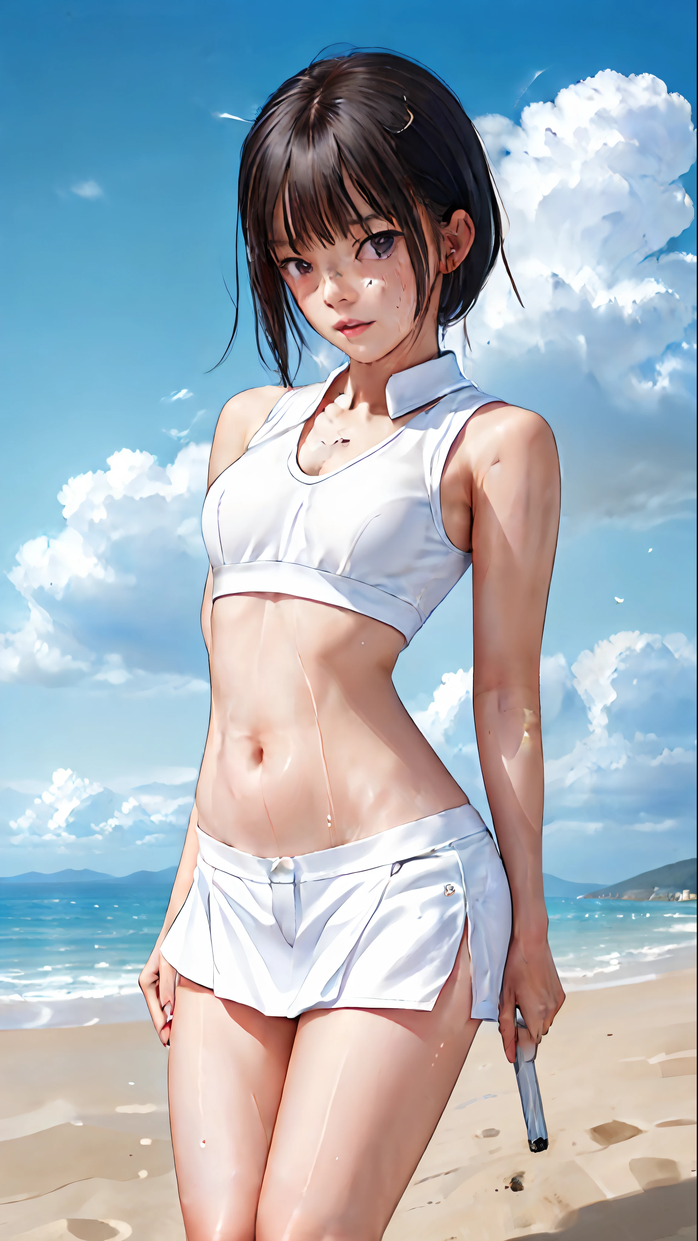 1girl, solo, white polo shirt, white sneakers, tennis wear, white miniskirt, masterpiece, best quality, realistic, hyper-detailed, (shiny skin, sweaty:1.4), absurd, looking at viewer, short black hair, brown eyes, slender, dynamic lighting, high resolution, sharp focus, depth of field, detailed eyes, sharp pupils, realistic pupils, (small breasts:1.6), (thick thighs:1.0), outdoor, sky