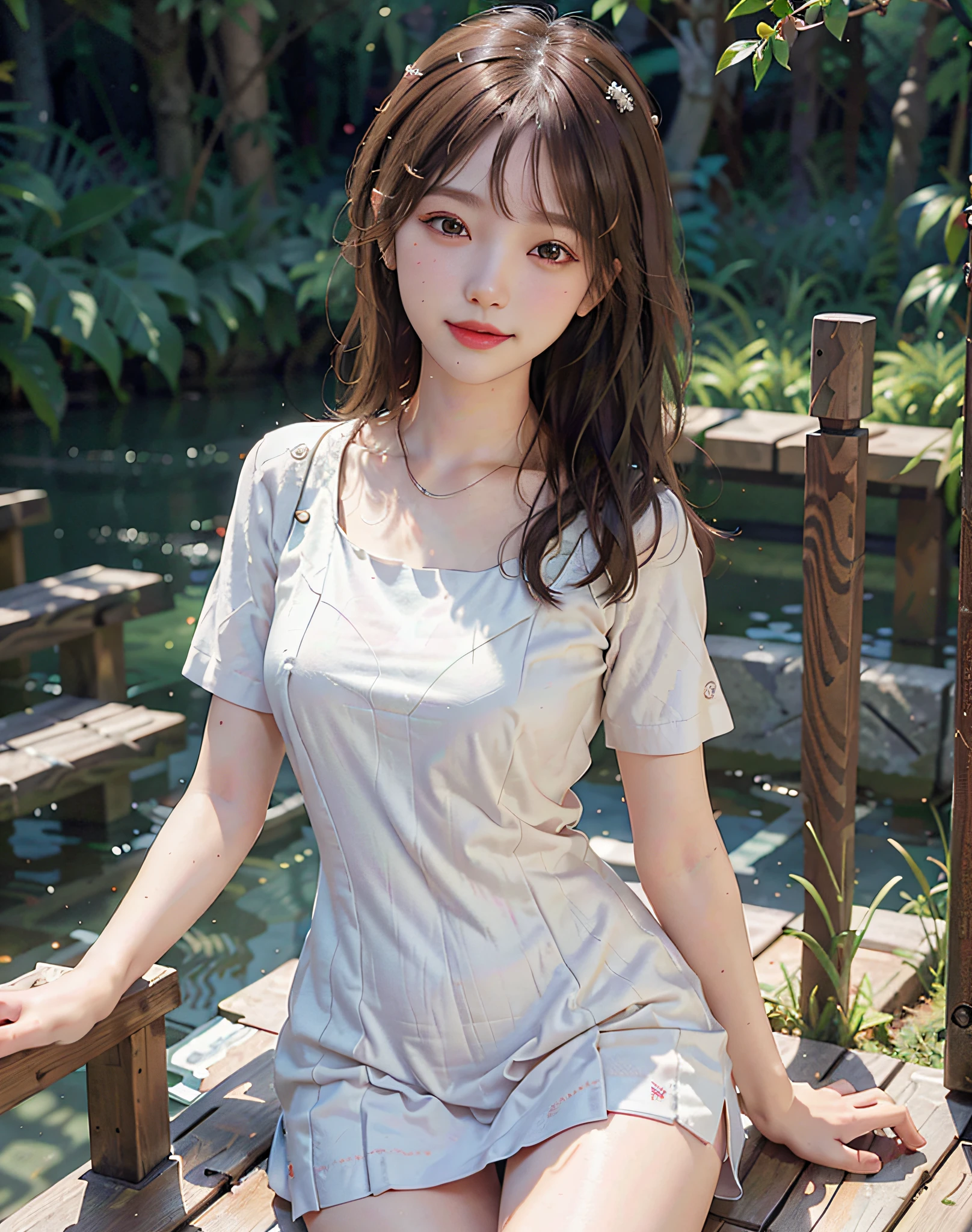 8k,(RAW photo),(best quality), (photo-realistic:1.4),realistic skin texture 1girl,Cute,Double eyelid,bangs,full body,petite,Thin leg,(Slender figure),slim,smile,headgear,earrings,necklace,looking at looking at viewer,face focus,depth of field,club ,(Bust Up Shot:1),Bokeh,,