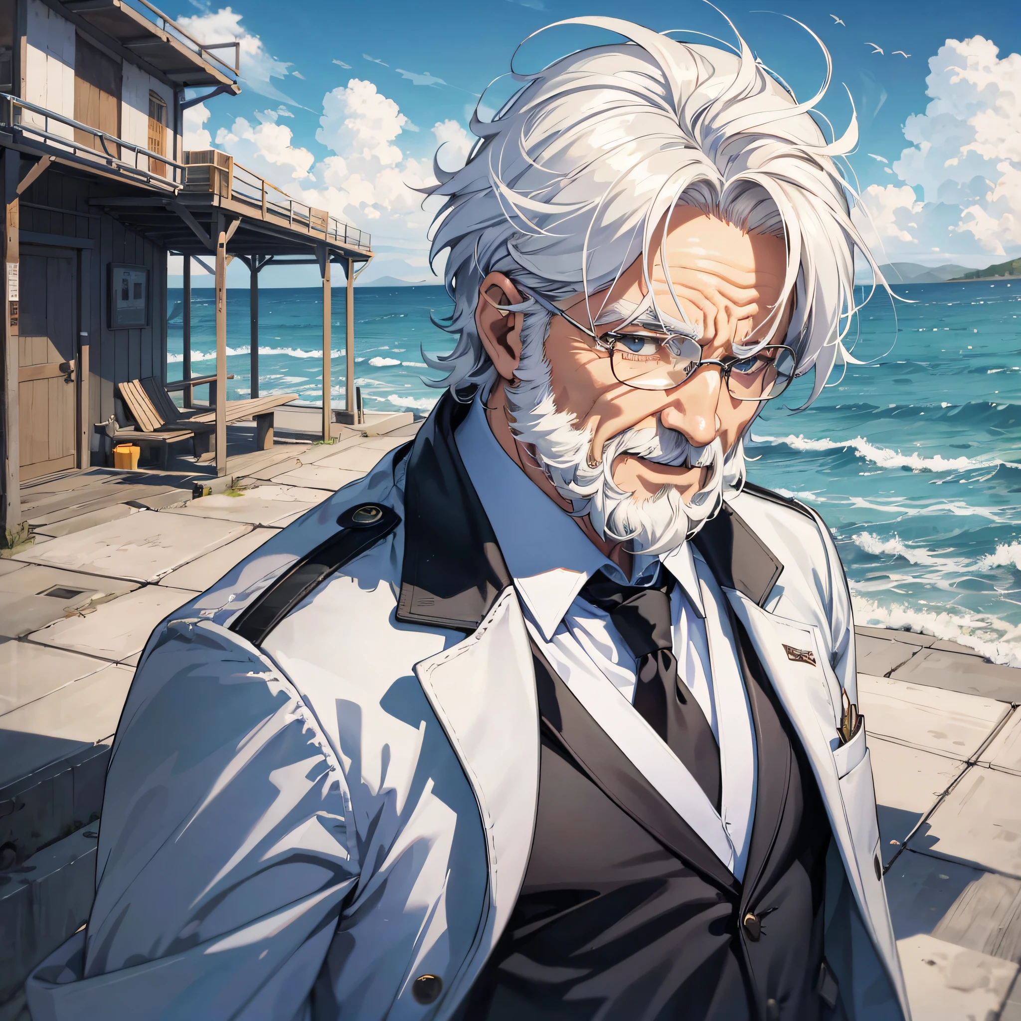 At the weapons testing ground at the empty dock by the sea, the white-haired old man (1.3) in a white suit has a happy and excited expression