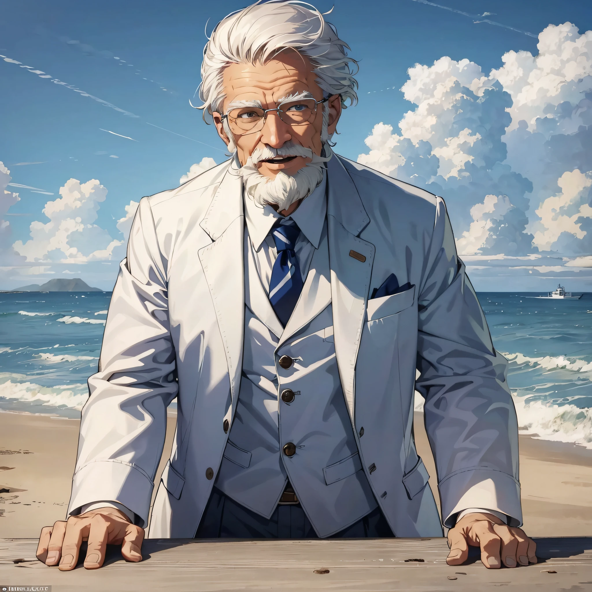 At the weapons testing ground at the empty dock by the sea, the white-haired old man (1.3) in a white suit has a happy and excited expression