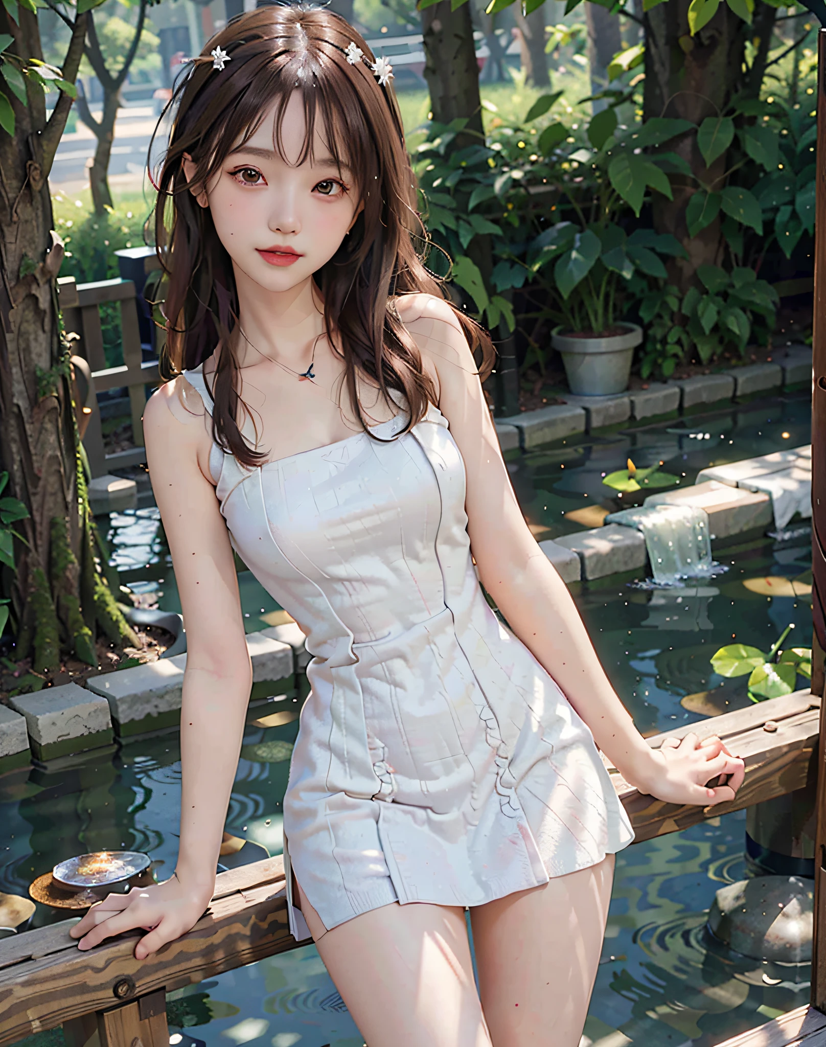 8k,(RAW photo),(best quality), (photo-realistic:1.4),realistic skin texture 1girl,Cute,Double eyelid,bangs,full body,petite,Thin leg,(Slender figure),slim,smile,headgear,earrings,necklace,looking at looking at viewer,face focus,depth of field,club ,(Bust Up Shot:1),Bokeh,,