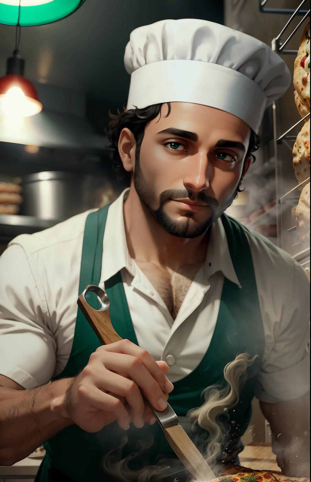 38-year-old chef, with a short, wispy beard, short black curly hair, mulatto skin, with vivid eyes, dark green circular irises, wearing a chef's hat, kneading pizza dough, background of an Italian pizzeria with an oven firewood in the background, realistic, detailed image, vivid colors, neutral colors, 3d rendering, cinematographic photo --auto --s2