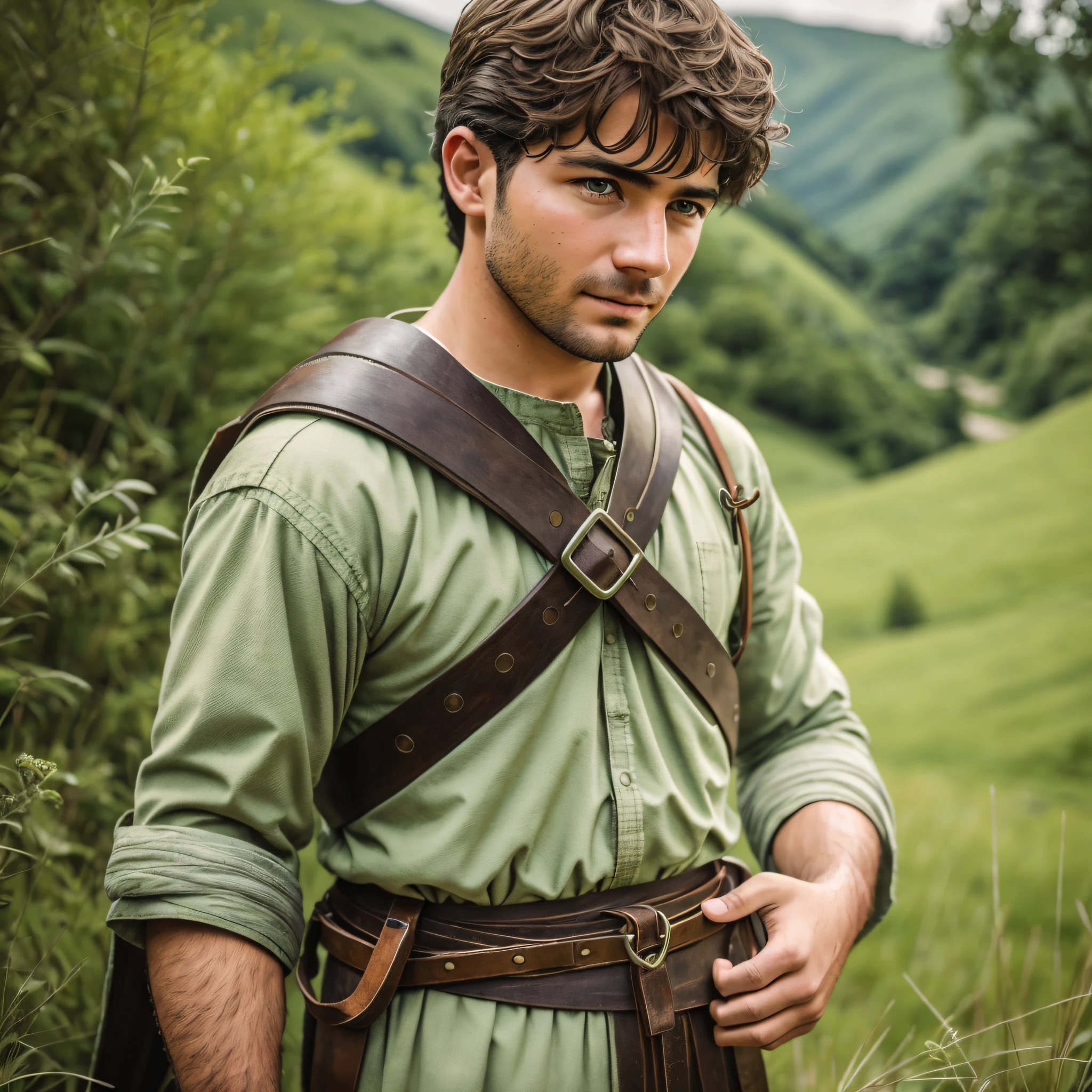 Photo RAW, David, a young shepherd, holding a sling on a verdant hill., small details, photorealistic, ultra-realistic photo, 8k uhd, dslr, soft lighting, high quality, film grain, Fujifilm XT3, (masterpiece). Size 16 by 9. --auto --s2