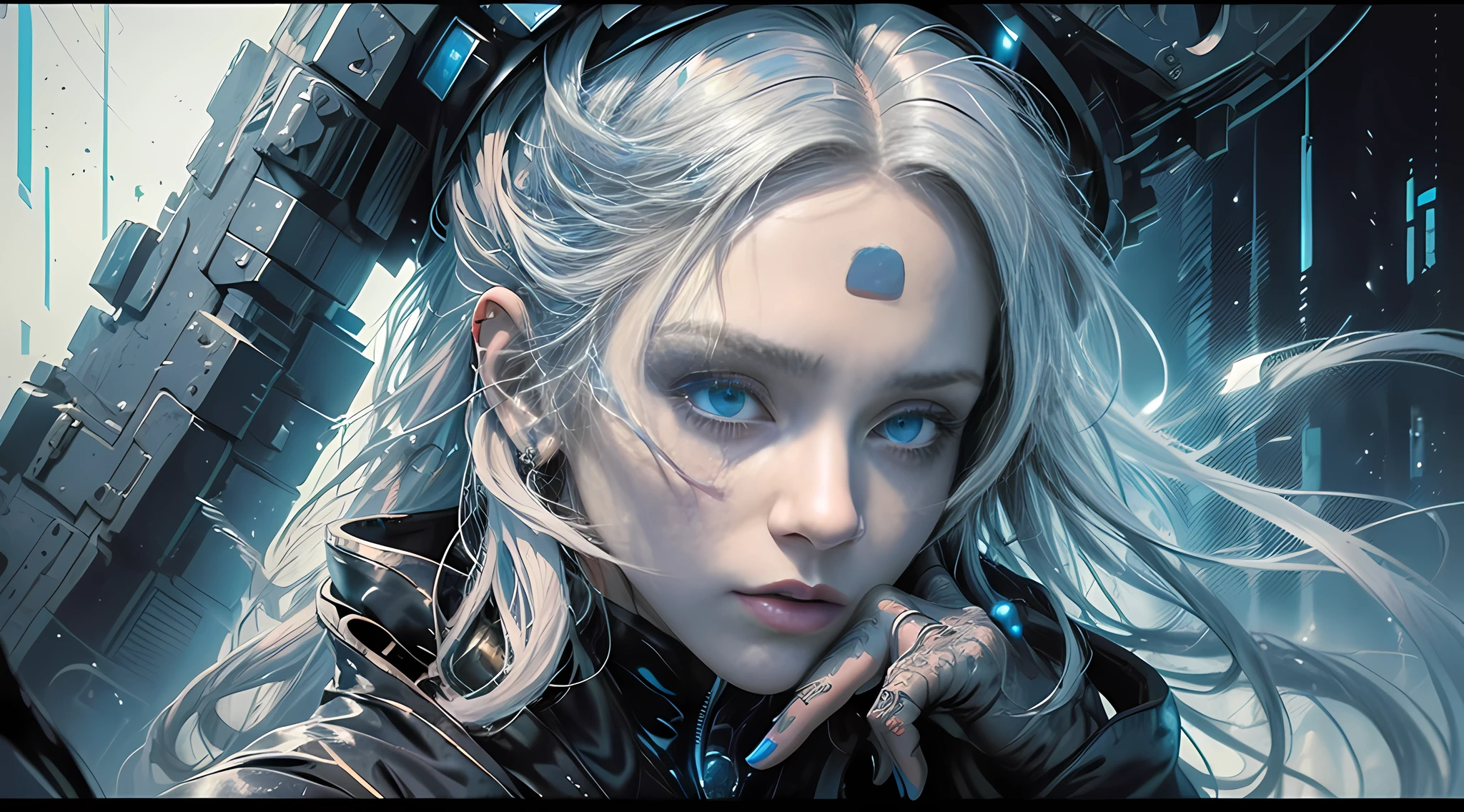 cyberpunk girl, fantasy world, dark background, clean design, epic Instagram, artstation, colorful paint splash, silhouette, ultra-detailed intricate details, Unreal engine, fantasy, complex details, splash screen, complementary colors, fantasy concept art, 8k resolution, deviantart masterpiece, oil painting, heavy stroke, paint dripping, (isolated on white background: 1.3), rainbow skin, (((handsome young man))), (( age:1.5)), (glowing blue eyes), ((eyes with light)), (((long white hair: 1.1))), ((black)), (princess \\ (indifferent expression\\), (((wearing high-detail multi-layered luxury black robe))), white hair, (abs) (large pectoral muscles) (appropriate posture)