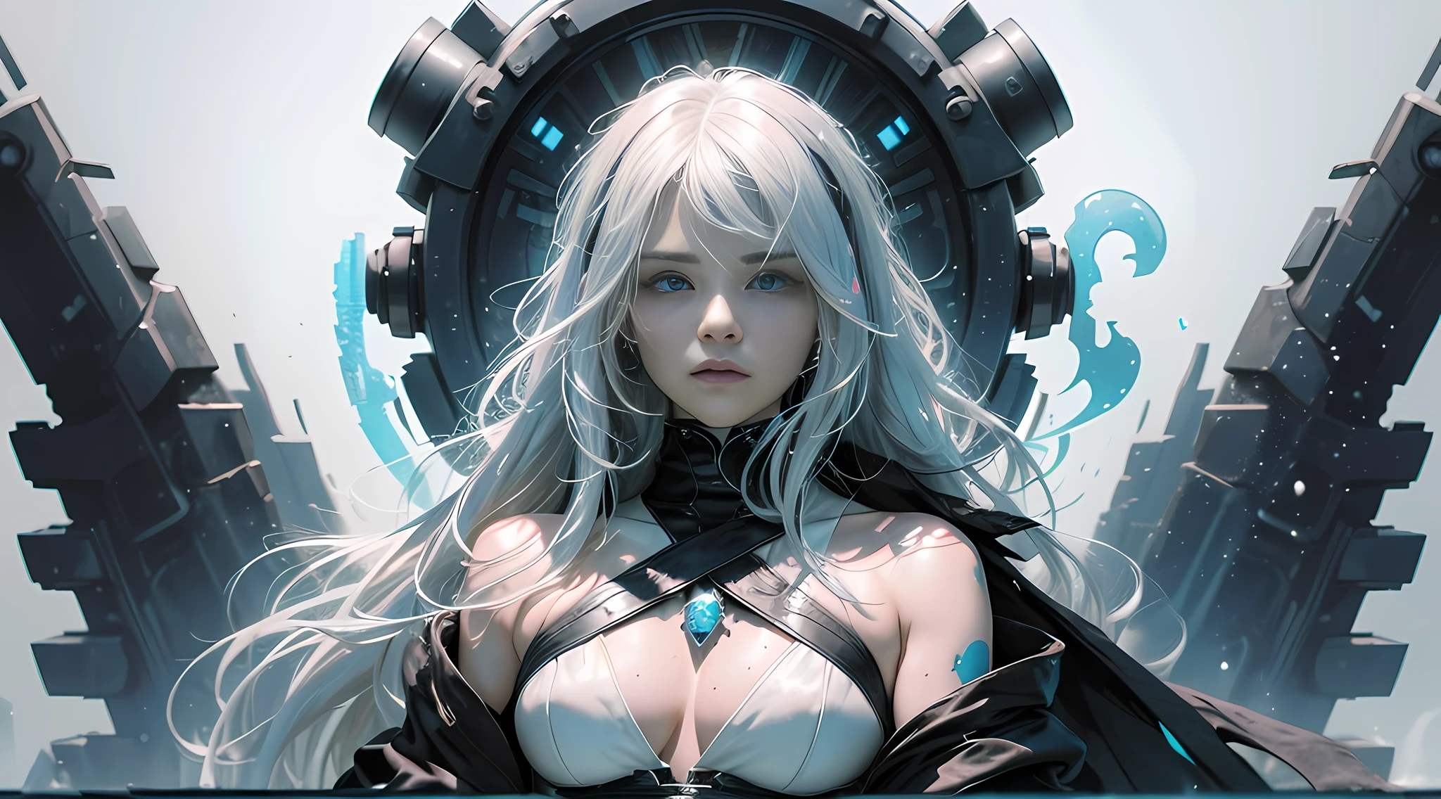 cyberpunk girl, fantasy world, dark background, clean design, epic Instagram, artstation, colorful paint splash, silhouette, ultra-detailed intricate details, Unreal engine, fantasy, complex details, splash screen, complementary colors, fantasy concept art, 8k resolution, deviantart masterpiece, oil painting, heavy stroke, paint dripping, (isolated on white background: 1.3), rainbow skin, (((handsome young man))), (( age:1.5)), (glowing blue eyes), ((eyes with light)), (((long white hair: 1.1))), ((black)), (princess \\ (indifferent expression\\), (((wearing high-detail multi-layered luxury black robe))), white hair, (abs) (large pectoral muscles) (appropriate posture)