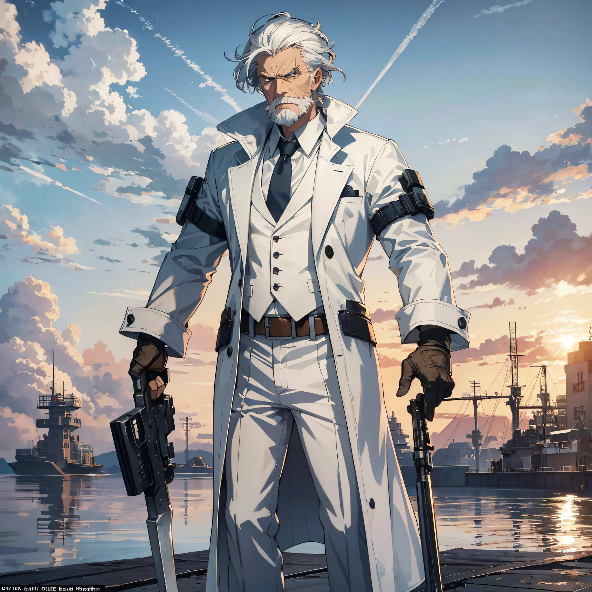 At the weapons testing ground at the empty dock by the sea, a white-haired old man (1.3) dressed in a white suit with a serious and angry expression