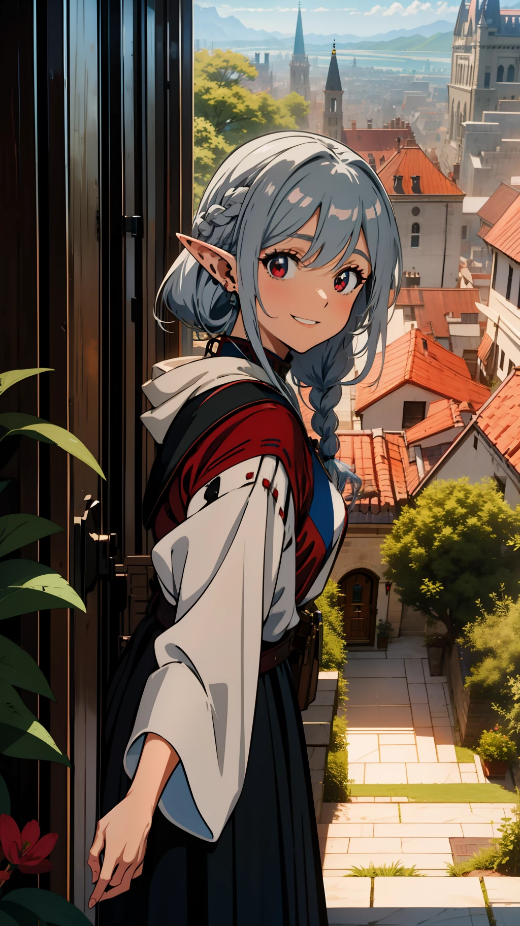 Overlooking the city, close up of one girl, elf princess, silver hair, red eyes, braid, medieval style dress, laughing, smiling, oil painting, concept art, beautiful anime scene, beautiful anime landscape, top rated on pixiv, top quality, 4K