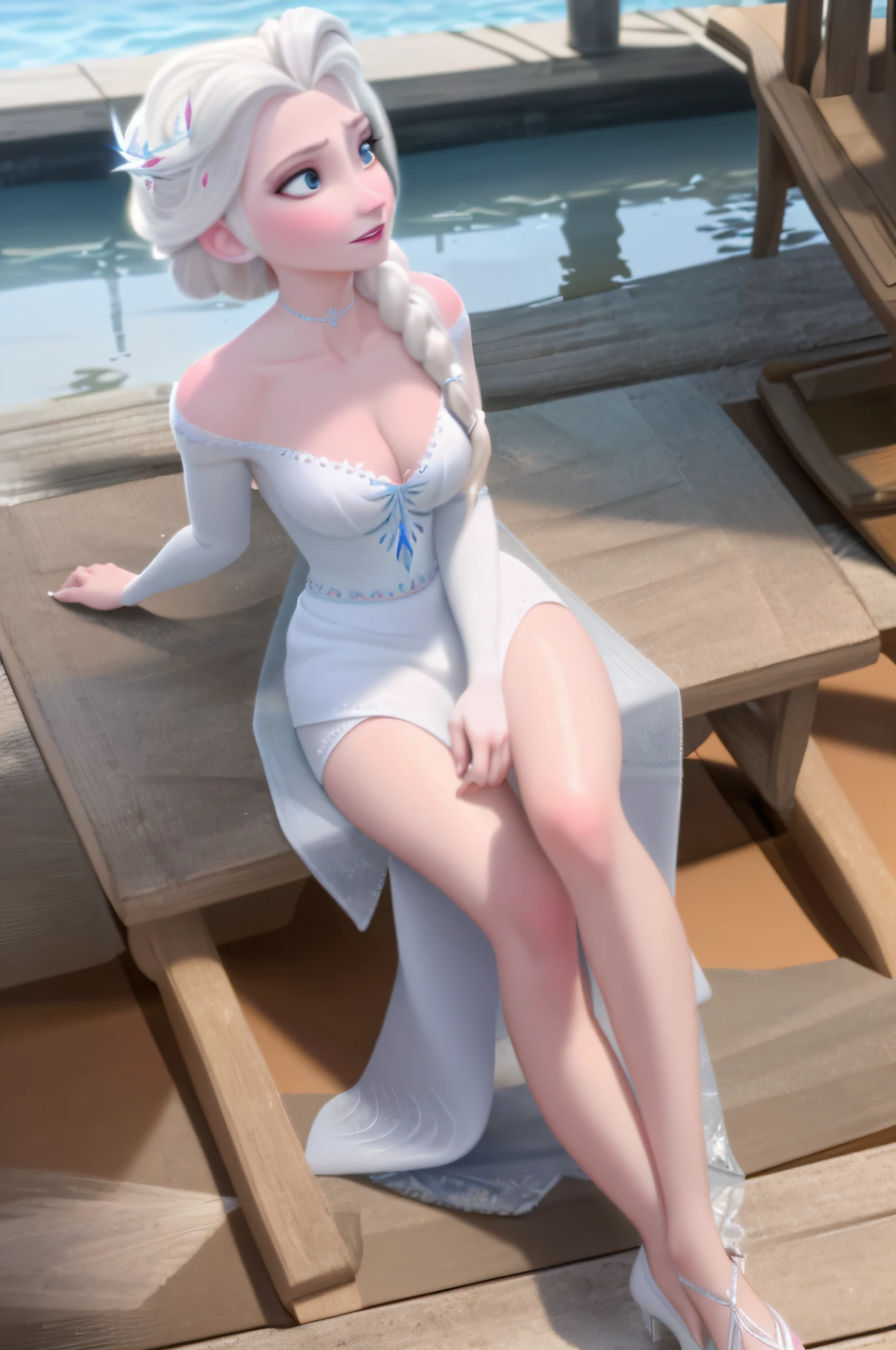 (masterpiece, best quality), 1girl, elsa of arendelle, bikini, single braid, white hair, cleavage, sitting, soft, stiletto heels, legs, warm lighting, beach, day, winter, vibrant colors, thin waist, choker, side view