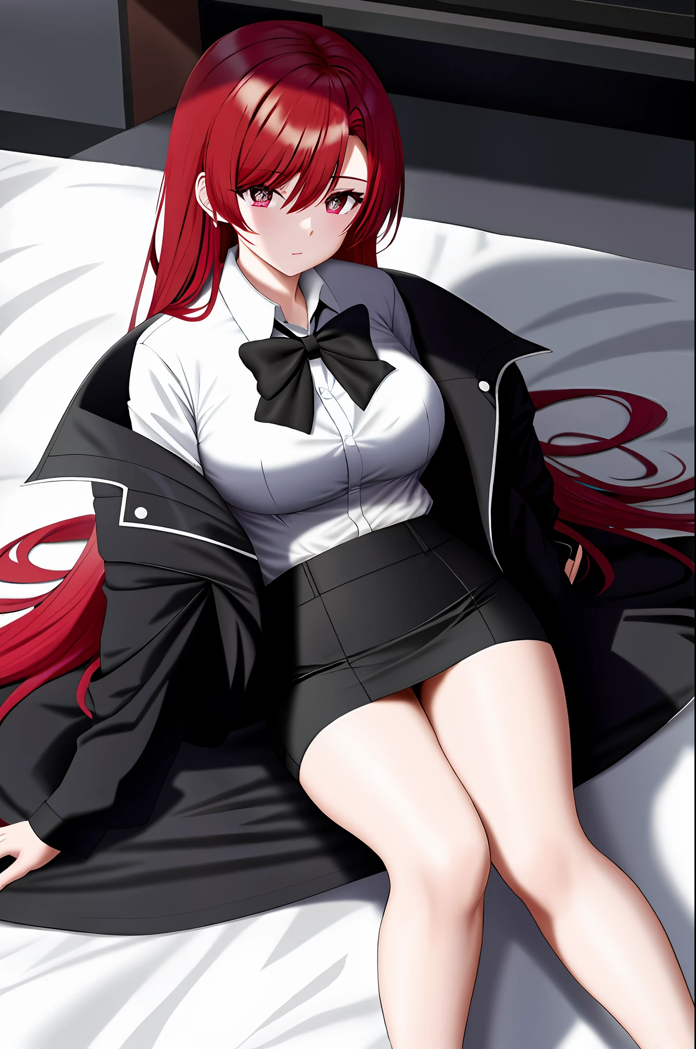 Redhead, white skin, wearing a black coat, a white shirt underneath, a black tie, a D cup, black silk red pupils on the legs