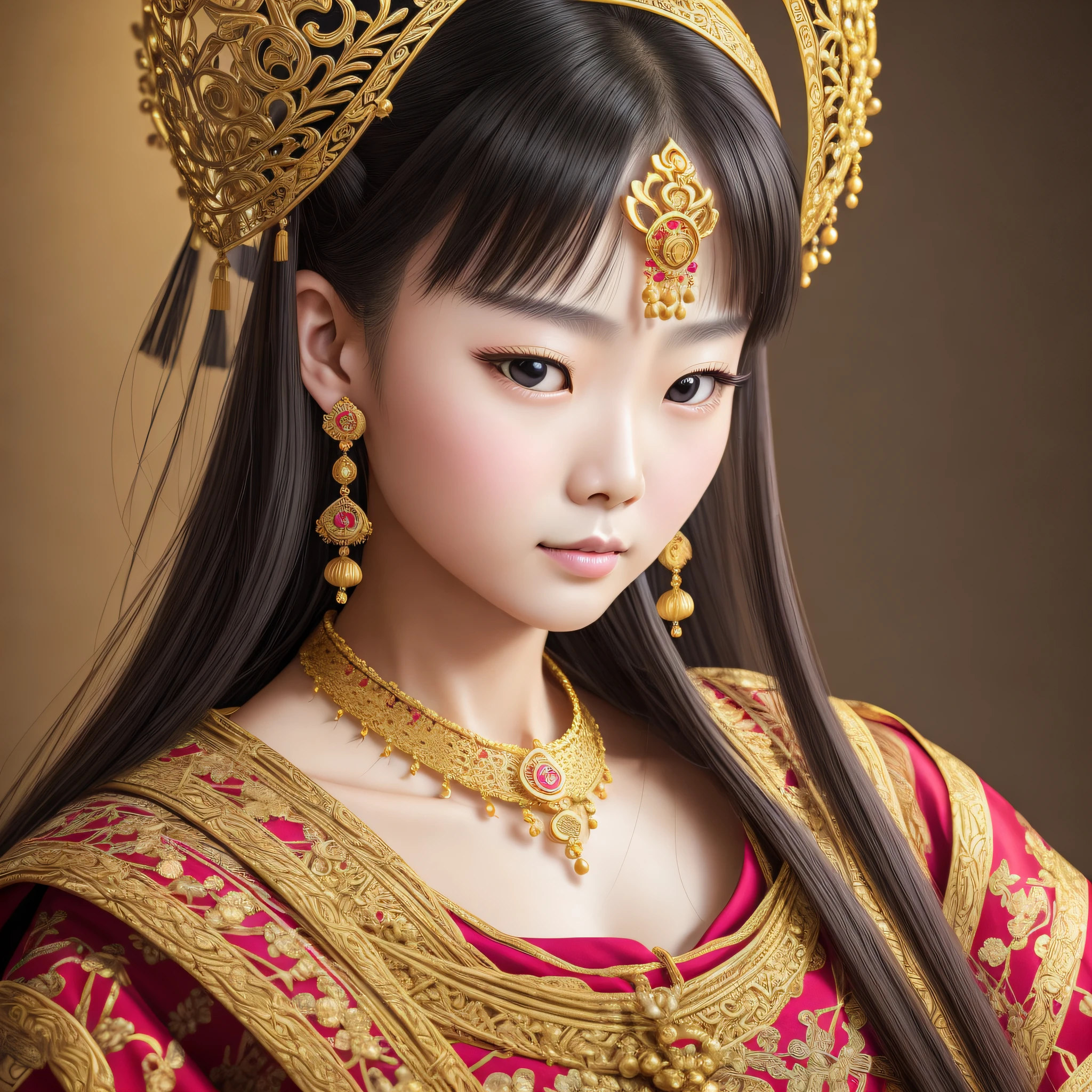 Chinese princess, 20 years, crown on head, earrings, necklace, traditional china clothing, picture frame, , realistic shadow, realistic light, highly detailed, HDR, hyper realistic, 35mm lens blur