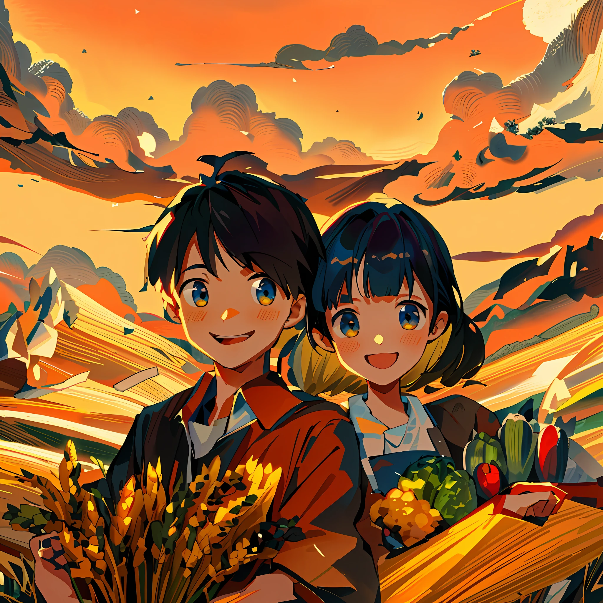 Young Asian couple, standing on the top of a high mountain, many villages and fields below, and lakes, standing together with their backs to the camera, boys holding baskets with high hands, ears of wheat and some agricultural products, girls carrying lots of vegetables and fruits, there is a sunset, the wind blows hair fluttering, and there is a kitten next to it