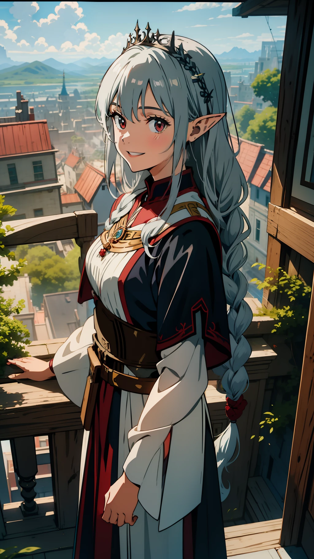 Overlooking the city, close up of one girl, elf princess, silver hair, red eyes, braid, medieval style dress, laughing, smiling, oil painting, concept art, beautiful anime scene, beautiful anime landscape, top rated on pixiv, top quality, 4K