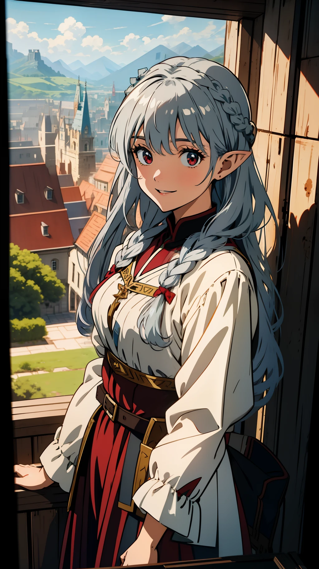 Overlooking the city, close up of one girl, elf princess, silver hair, red eyes, braid, medieval style dress, laughing, smiling, oil painting, concept art, beautiful anime scene, beautiful anime landscape, top rated on pixiv, top quality, 4K