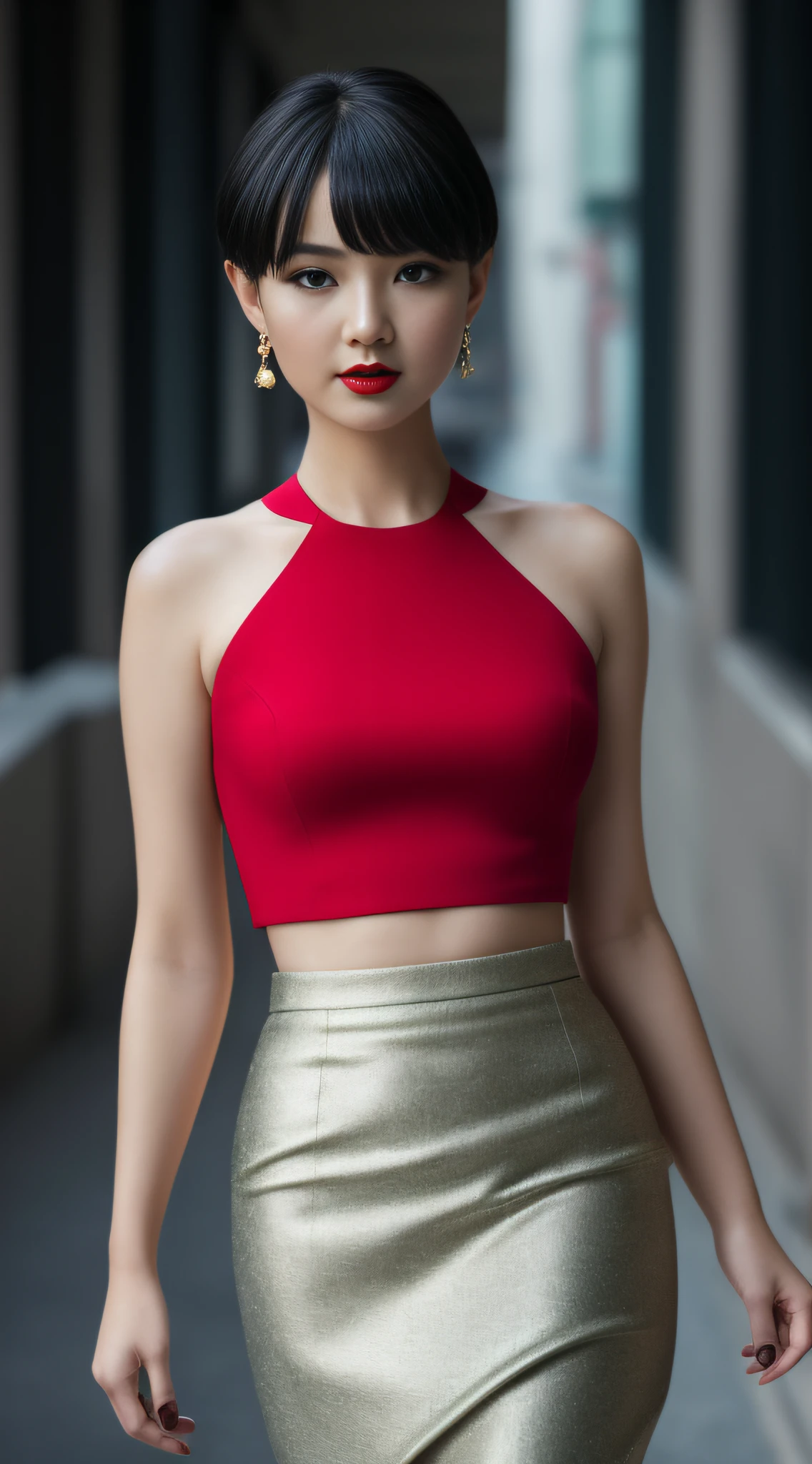 AS-MidAged,closeup photography, appeal, short hair, black hair, make up, red lips, Scenery of Hong Kong,Pencil skirt, jewelry, Looking towards the audience, hyper realistic, {an extremely delicate and beautiful girl}, 8k wallpaper, {{{masterpiece}}} (whole body: 0.9), front, walk,