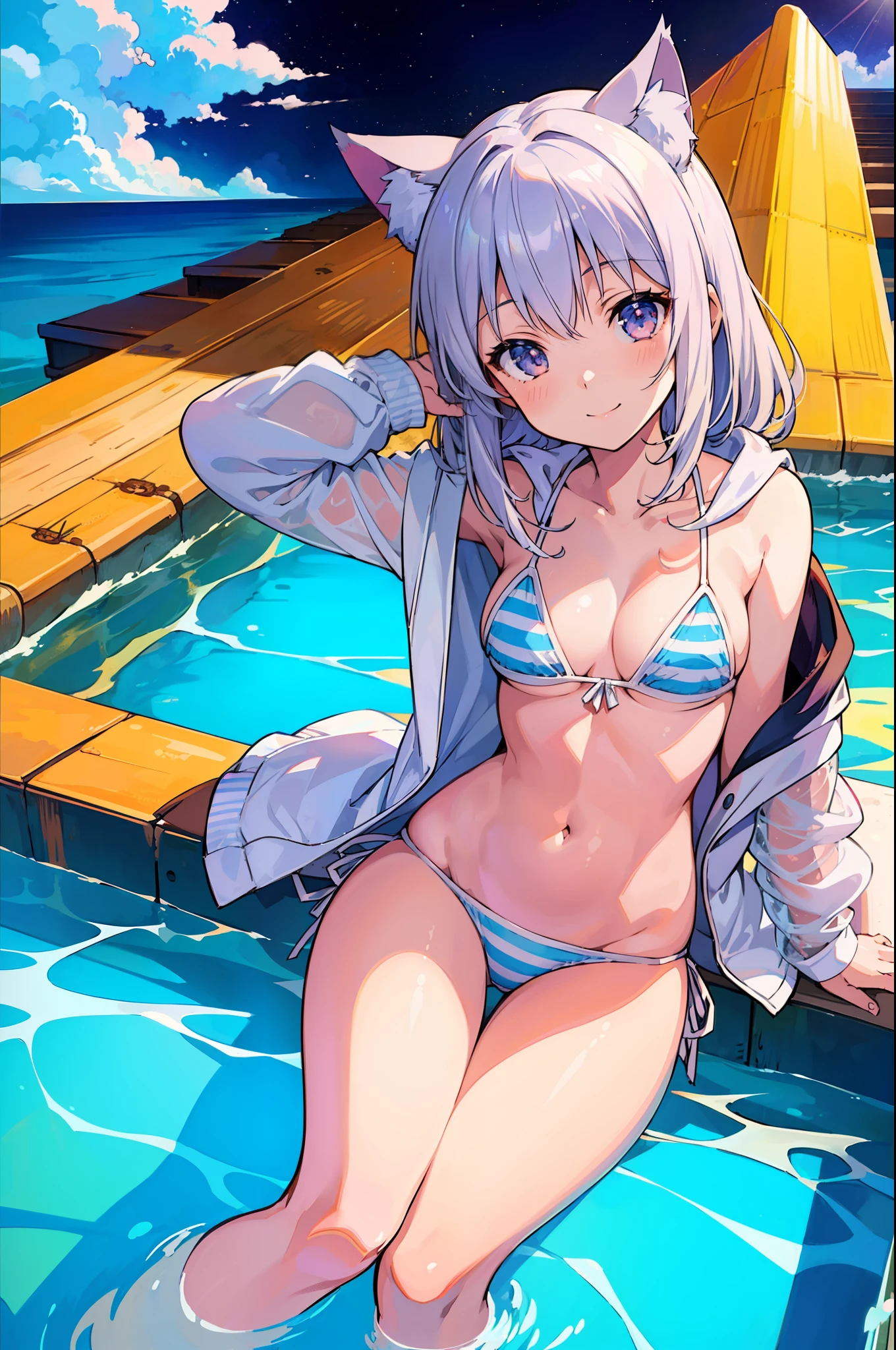 (Masterpiece), (Top Quality Anime Illustrations), (Super Definition), One Girl, Solo, Beautiful Girl with Silver Hair, Anime Loli, Cat Ears Loli, Petite, Cleavage Emphasis, Underboob, Thigh Emphasis, Striped Bikini, White See-Through Hoodie, Smile, South Island Sea, Water