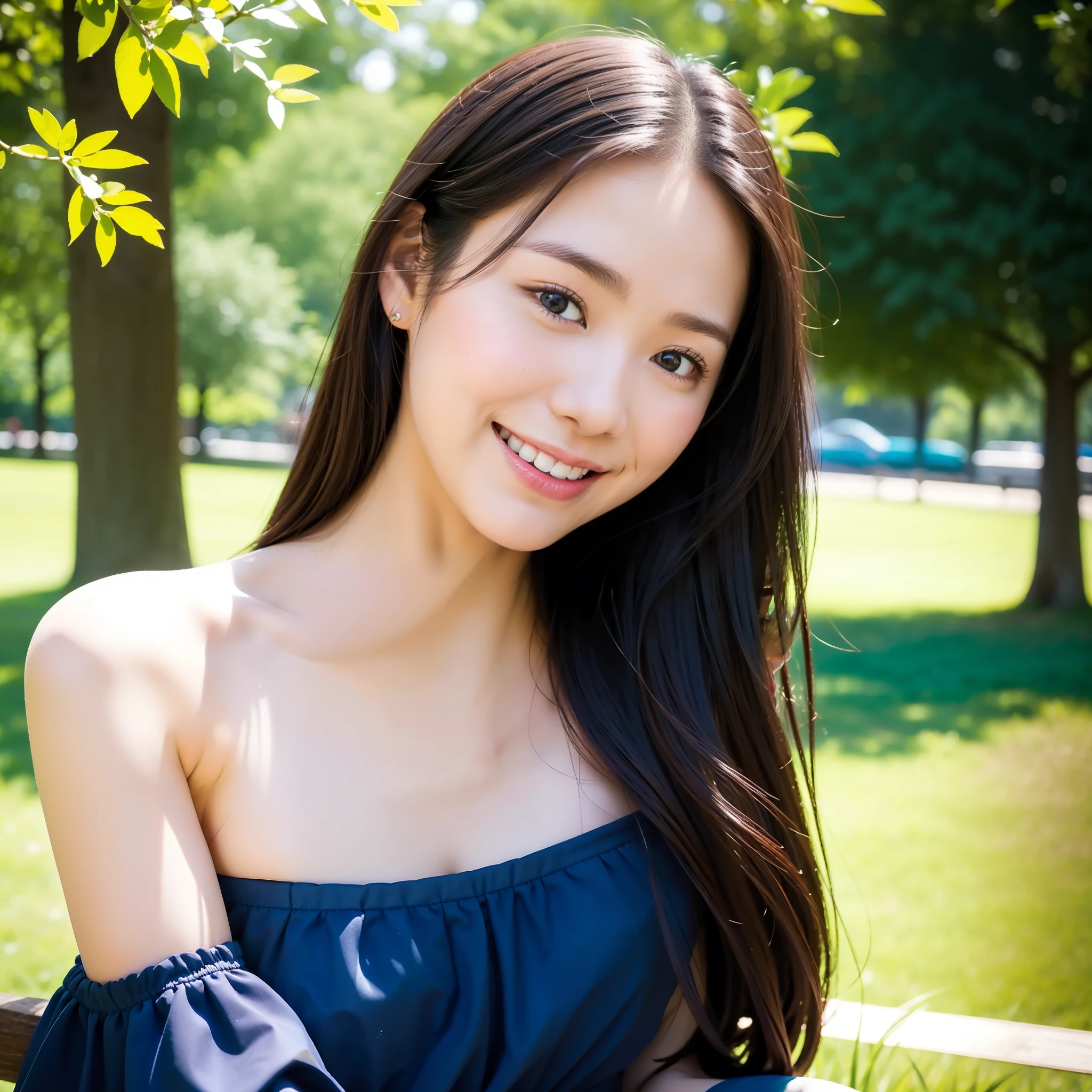 In the park, a simple young girl sits quietly on a bench, her black hair naturally falling on her shoulders, only gently fluttering when the slight breeze blows. She looks very comfortable wearing a long blue dress, and the loose design of the skirt allows her body to breathe freely and looks very natural. Her skin is smooth and soft, white as jade, and looks even more fresh in the sun. Smiling, big breasts