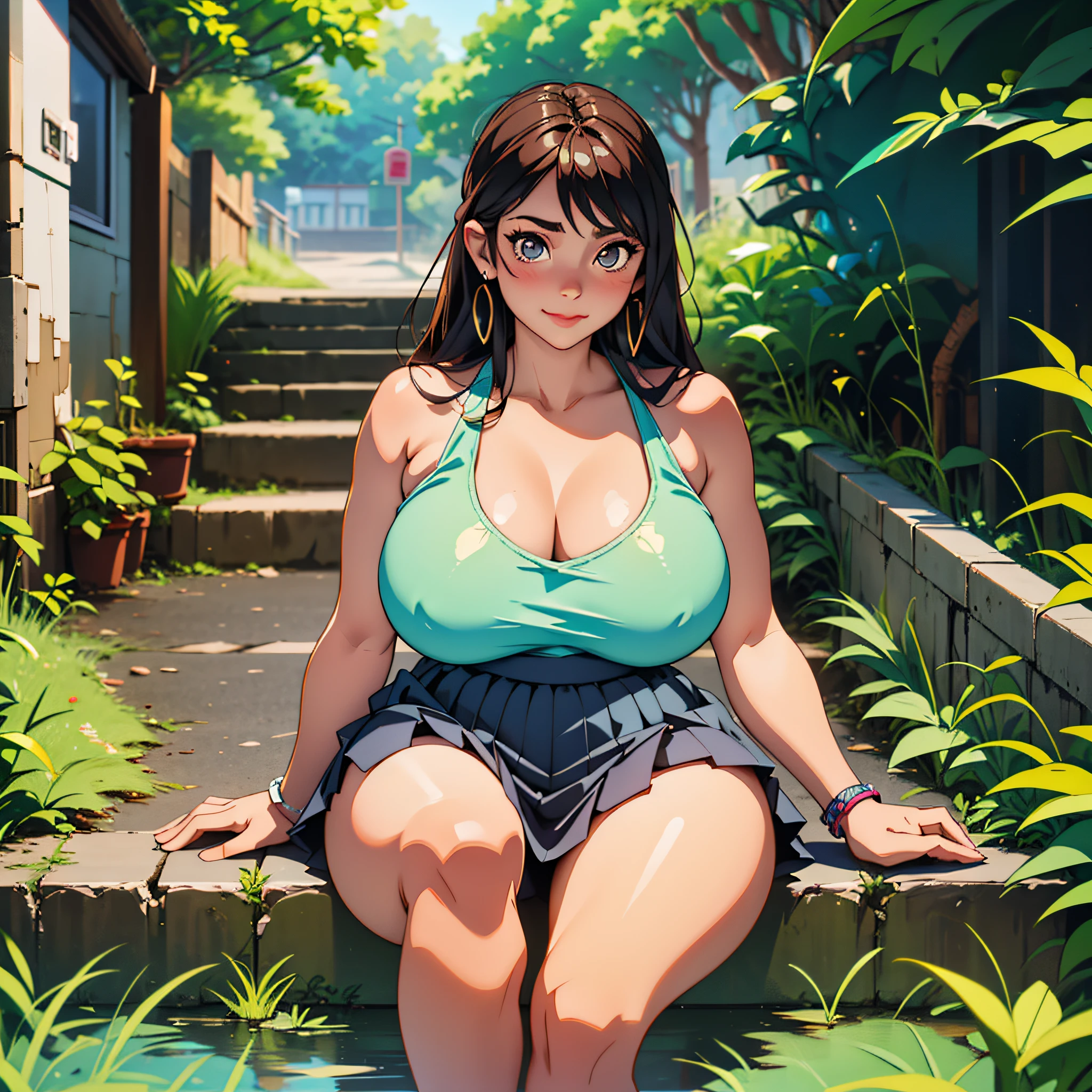 Latin woman, ordinary, wide, bulky, arms not muscle, big legs round, strong, wide hip GG, breasts GG, drooping pointed down, sitting on a staircase in the street, vertical focus, camera from bottom to top, she looks at the camera one of the slightly flicky eyes heavy mauiagem, mouth + latent side smile, CLOTHING: round skirt, chess, vermela, tank top, white thin silk + bra, cord skin, one side drooped at shoulders. ULTRA HD, ISO, GAB, shade progetada atraz, strong sunlight to pin, strong yellowish glow, RGB, soft, 1.900x1900, with trees and idrante, utra realistic. 4V. --auto --s2