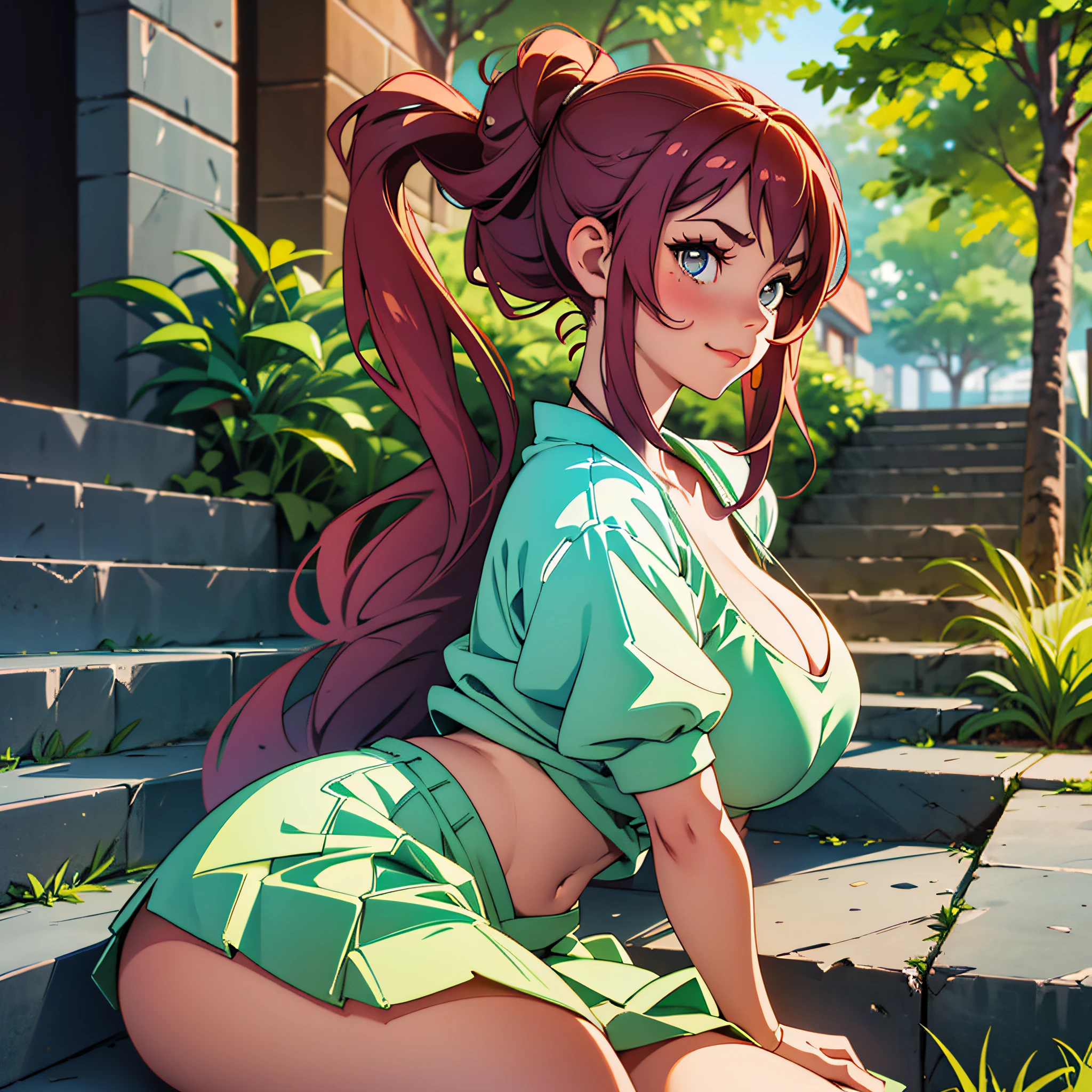 Latin woman, ordinary, wide, bulky, arms not muscle, big legs round, strong, wide hip GG, breasts GG, drooping pointed down, sitting on a staircase in the street, vertical focus, camera from bottom to top, she looks at the camera one of the slightly flicky eyes heavy mauiagem, mouth + latent side smile, CLOTHING: round skirt, chess, vermela, tank top, white thin silk + bra, cord skin, one side drooped at shoulders. ULTRA HD, ISO, GAB, shade progetada atraz, strong sunlight to pin, strong yellowish glow, RGB, soft, 1.900x1900, with trees and idrante, utra realistic. 4V. --auto --s2