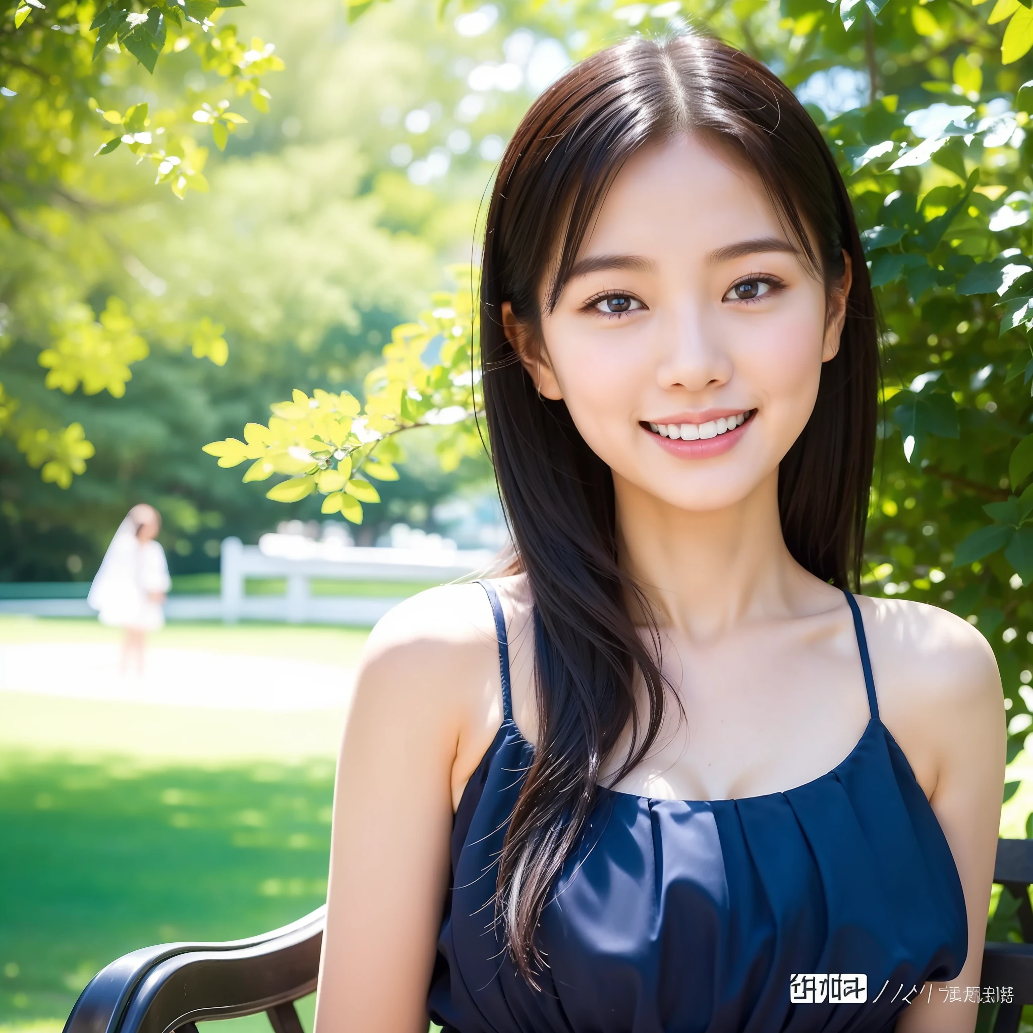 In the park, a simple young girl sits quietly on a bench, her black hair naturally falling on her shoulders, only gently fluttering when the slight breeze blows. She looks very comfortable wearing a long blue dress, and the loose design of the skirt allows her body to breathe freely and looks very natural. Her skin is smooth and soft, white as jade, and looks even more fresh in the sun. Smiling, big breasts