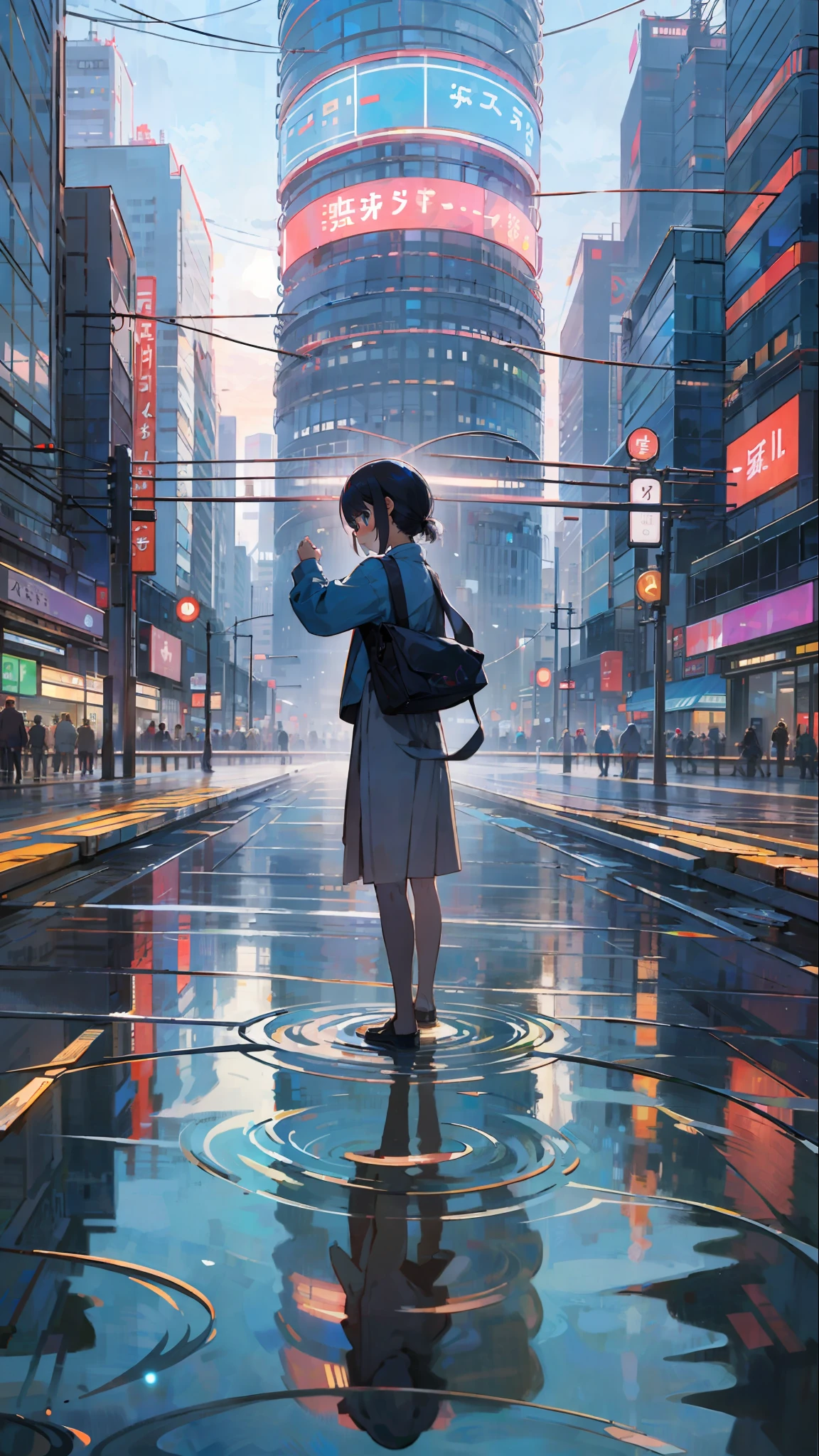 A bustling cityscape of Tokyo, with a small dog standing in the center of a shimmering pond, mesmerized by its own reflection. --auto --s2