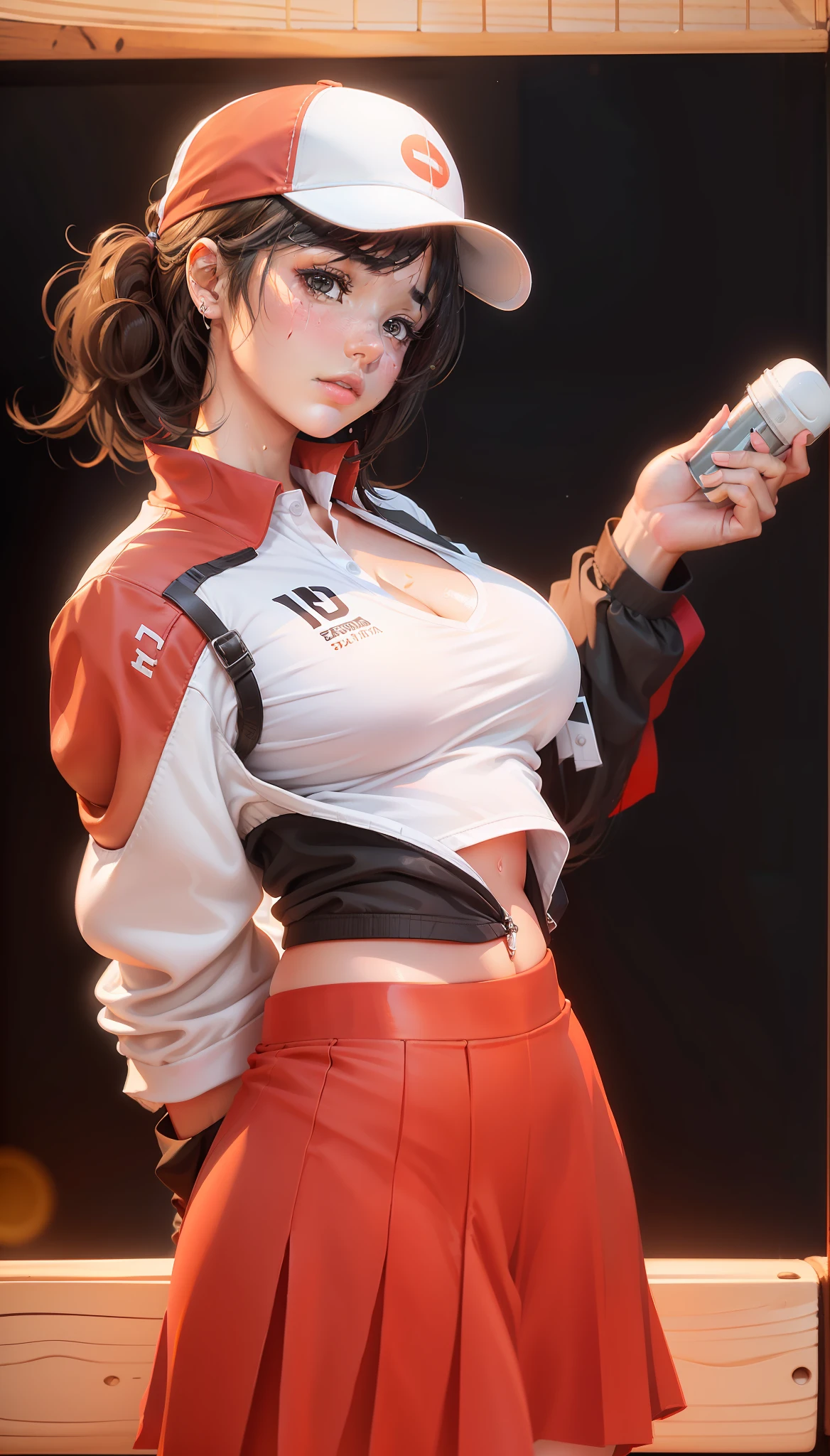 1girl, solo, white polo shirt, white sneakers, tennis wear, white mini skirt, masterpiece, best quality, realistic, ultra-detailed, (shiny skin, sweating: 1.4), ridiculous, looking at the audience, short black hair, brown eyes, slender, dynamic light and shadow, high resolution, sharp focus, depth of field, fine eyes, sharp pupils, realistic pupils, (big breasts: 16), (thigh thickness: 1.0), outdoor, sky