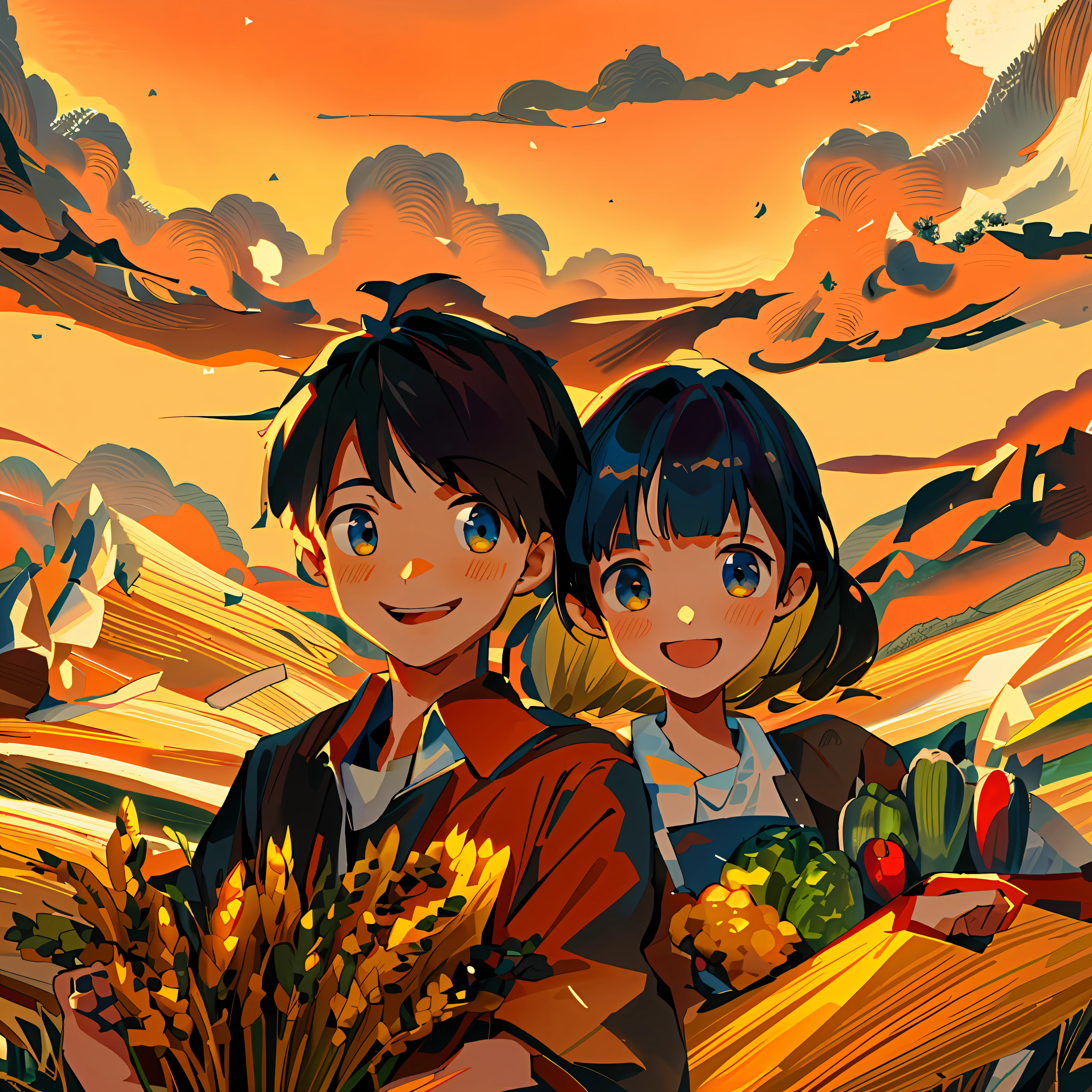 Young Asian couple, standing on the top of a high mountain, many villages and fields below, and lakes, standing together with their backs to the camera, boys holding baskets with high hands, ears of wheat and some agricultural products, girls carrying lots of vegetables and fruits, there is a sunset, the wind blows hair fluttering, and there is a kitten next to it