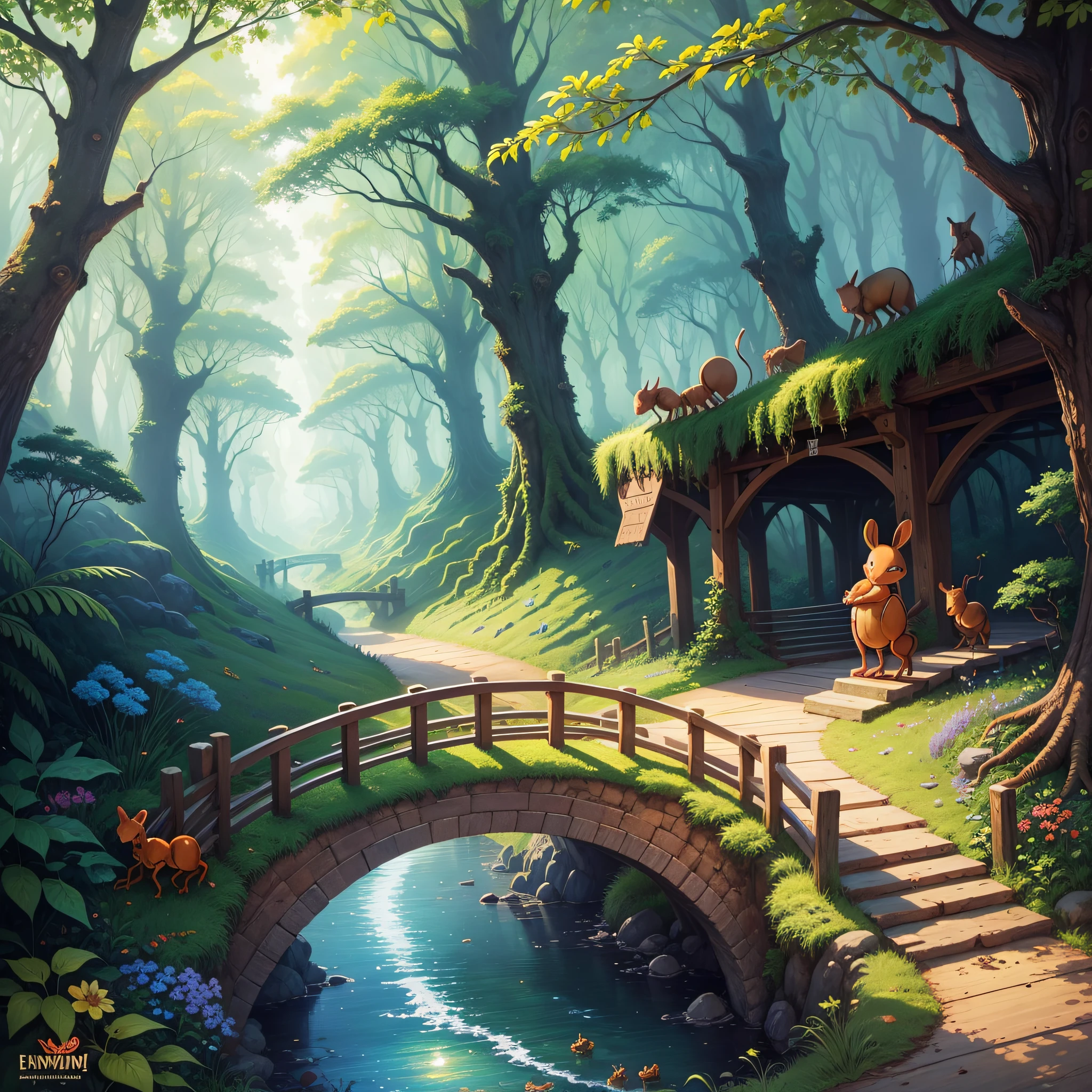 animal formiga. Suggestion for children's book cover. Animal ants. enchanted forest. enchanted world. bridge and creek. rainbow --auto --s2
