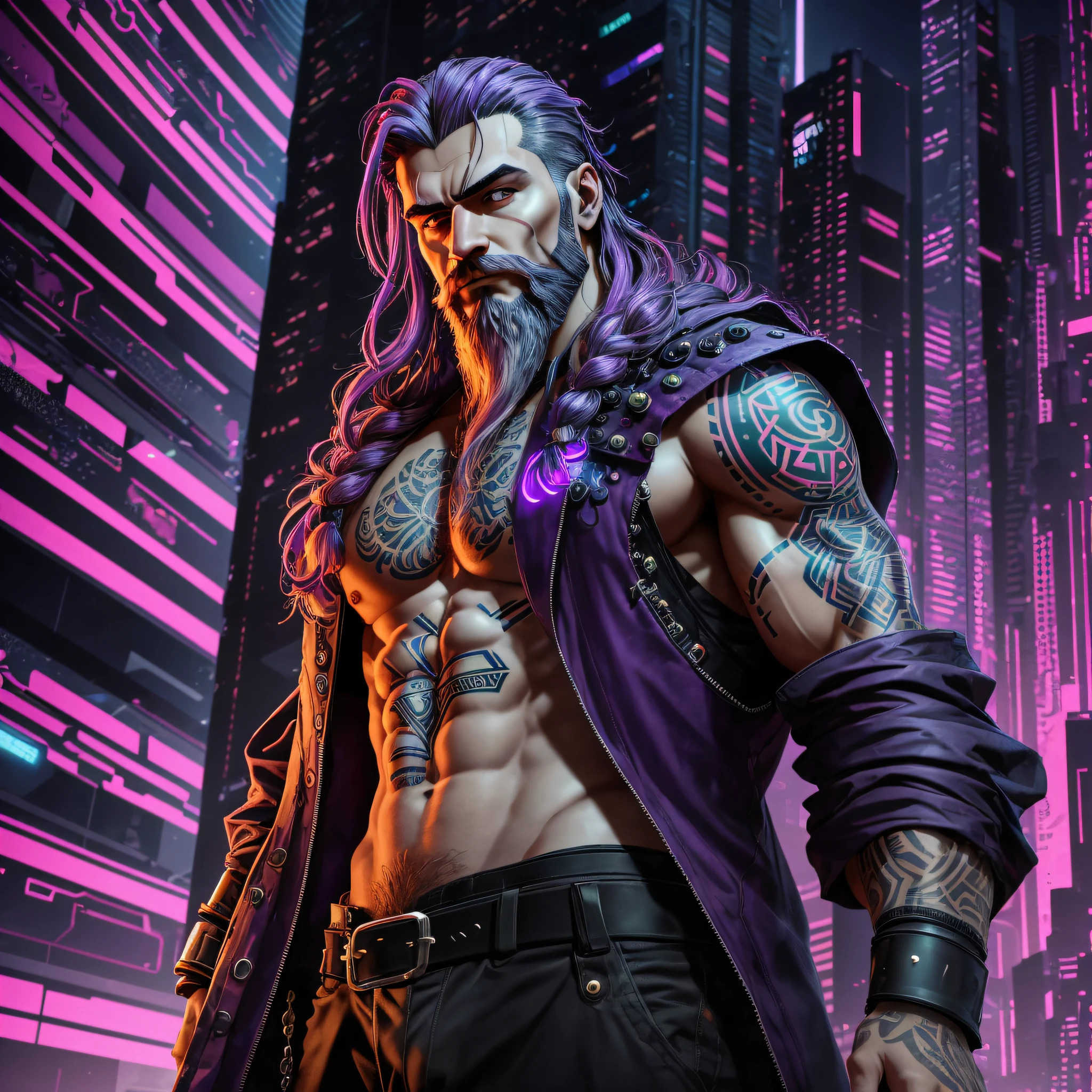 Zeus stands tall in the cyberpunk background, with purple and orange lights illuminating him from either side. His hair falls gracefully around his shoulders, and his medium-length beard is decorated with intricate Greek tattoos. The tattoos seem to dance and swirl around his face, adding to the sense of power and energy that surrounds him. Zeus’s expression is serene and contemplative, as if he is lost in thought. The cyberpunk setting adds a futuristic feel to the image, with contrasting colors and sharp lines. The purple and orange lights give the image an almost mystical quality, suggesting that Zeus is still revered as a godly figure, even in this technological age. --auto --s2