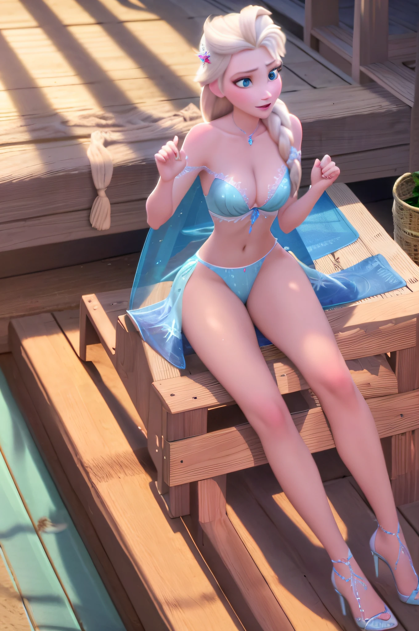 (masterpiece, best quality), 1girl, elsa of arendelle, bikini, g-string, single braid, cleavage, sitting, soft, stiletto heels, legs, warm lighting, beach, day, winter, vibrant colors, thin waist, choker,