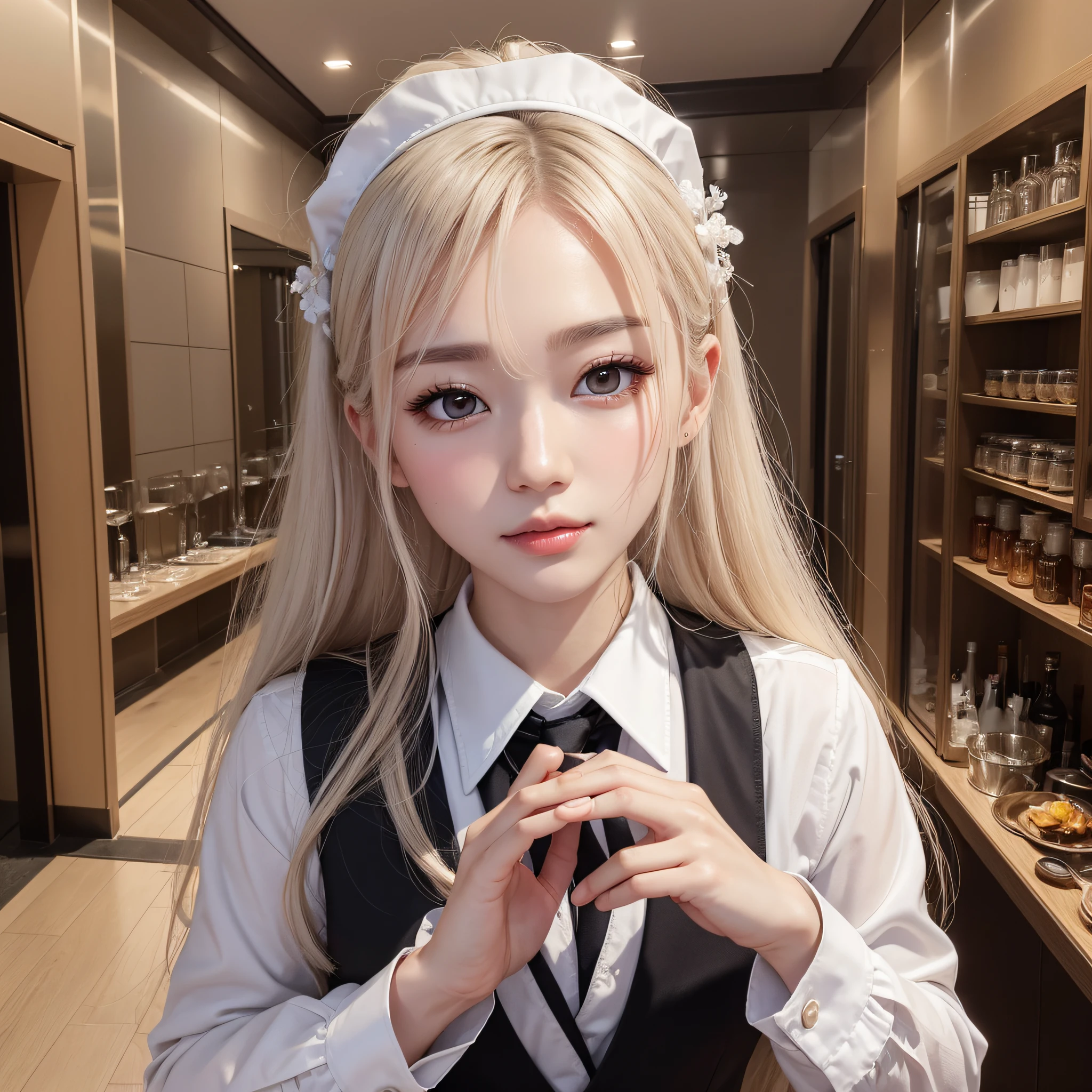 Waiter clothes: 1.1, Highly detailed face and skin texture, delicate eyes, double eyelids, whitened skin, long hair --auto --s2