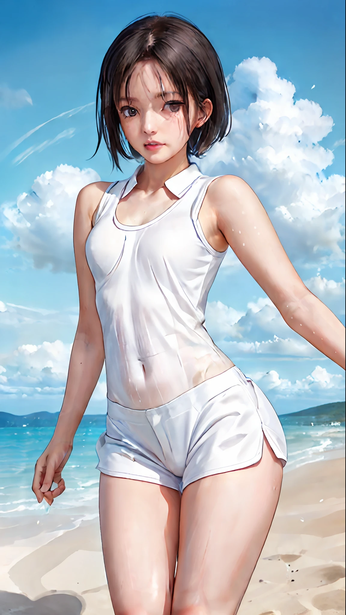1girl, solo, white polo shirt, white sneakers, tennis wear, white miniskirt, masterpiece, best quality, realistic, hyper-detailed, (shiny skin, sweaty:1.4), absurd, looking at viewer, short black hair, brown eyes, slender, dynamic lighting, high resolution, sharp focus, depth of field, detailed eyes, sharp pupils, realistic pupils, (small breasts:1.6), (thick thighs:1.0), outdoor, sky