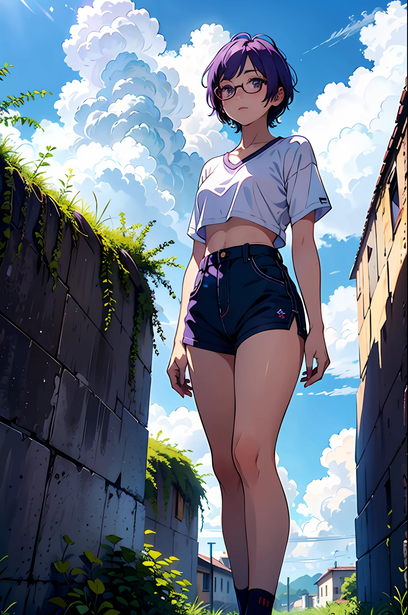 1 girl, short purple hair, breasts, healing, glasses, shyness, wall shorts, blue sky, white clouds, rainbow, overlook