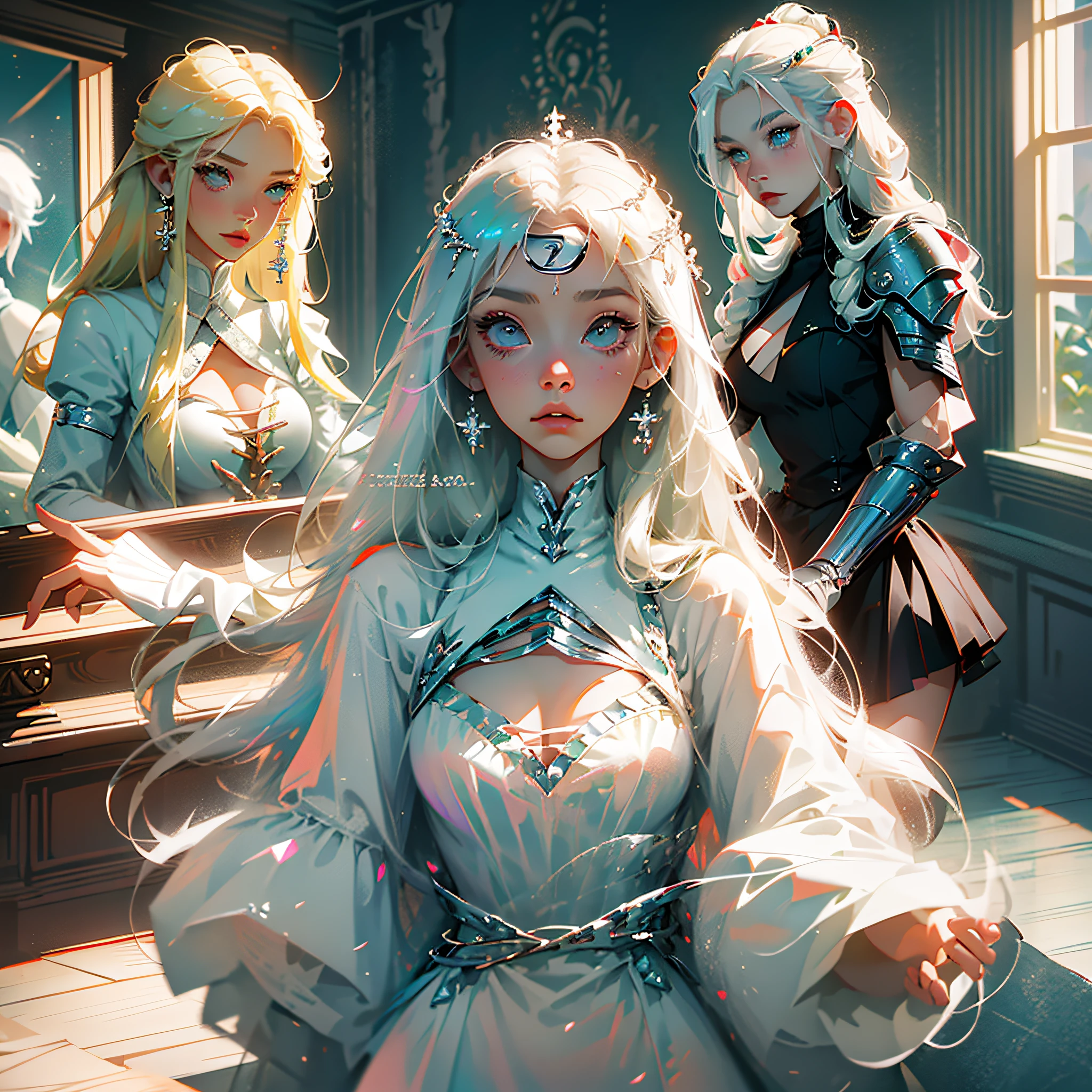 Naruto blonde woman in white dress with long hair and white dress, concept art inspired by INO, popular in pixiv, renaissance, anime Barbie in white, Tifa Lockhart with white hair, Nico in white dress, style is mixed æon flux, Emma Frost, style mix æon flux, white dress!! Silver --auto --s2