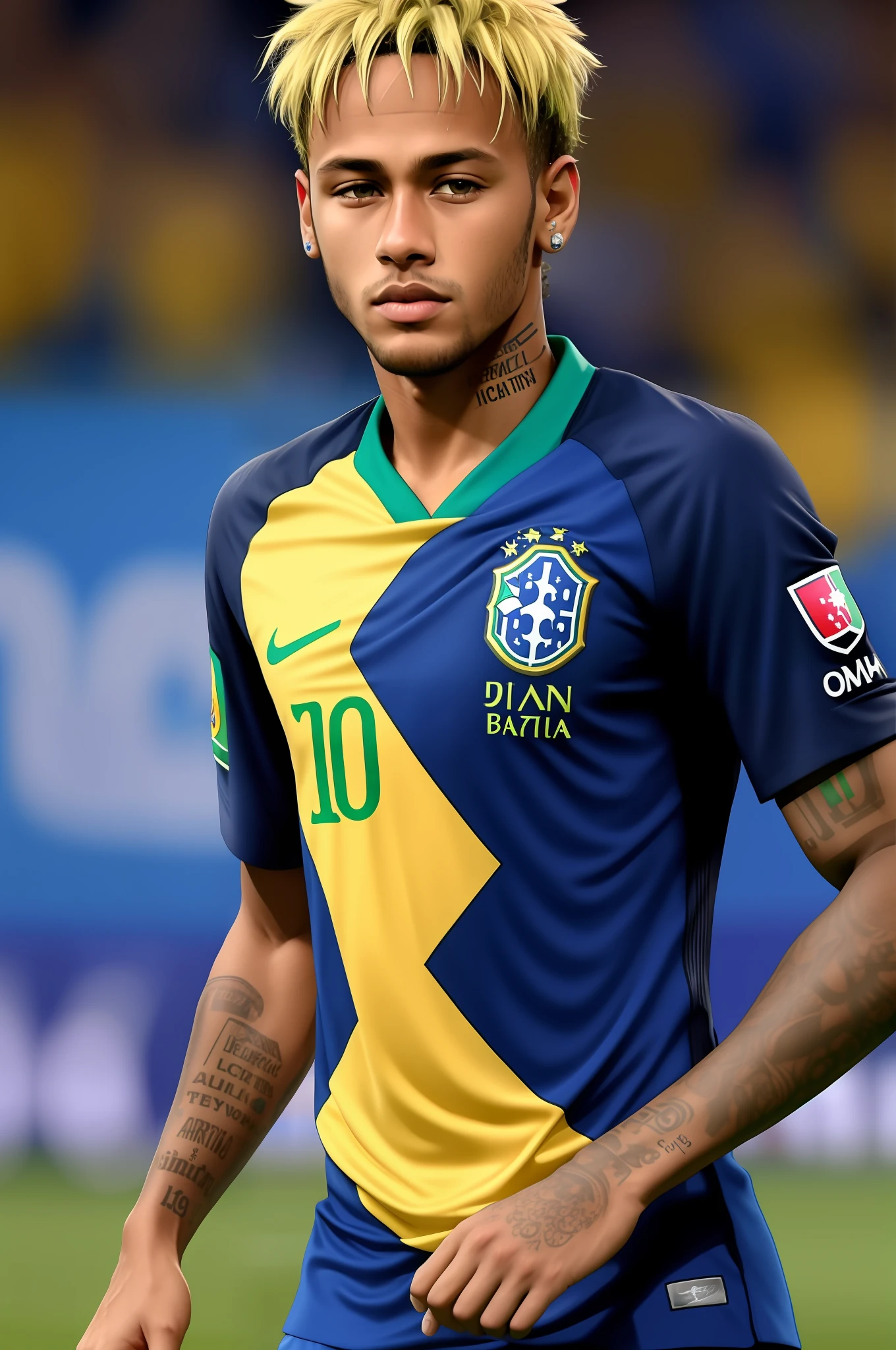 neymar, ultra realistic blue shirt of Brazil and clear eyes on the field, looking at the camera