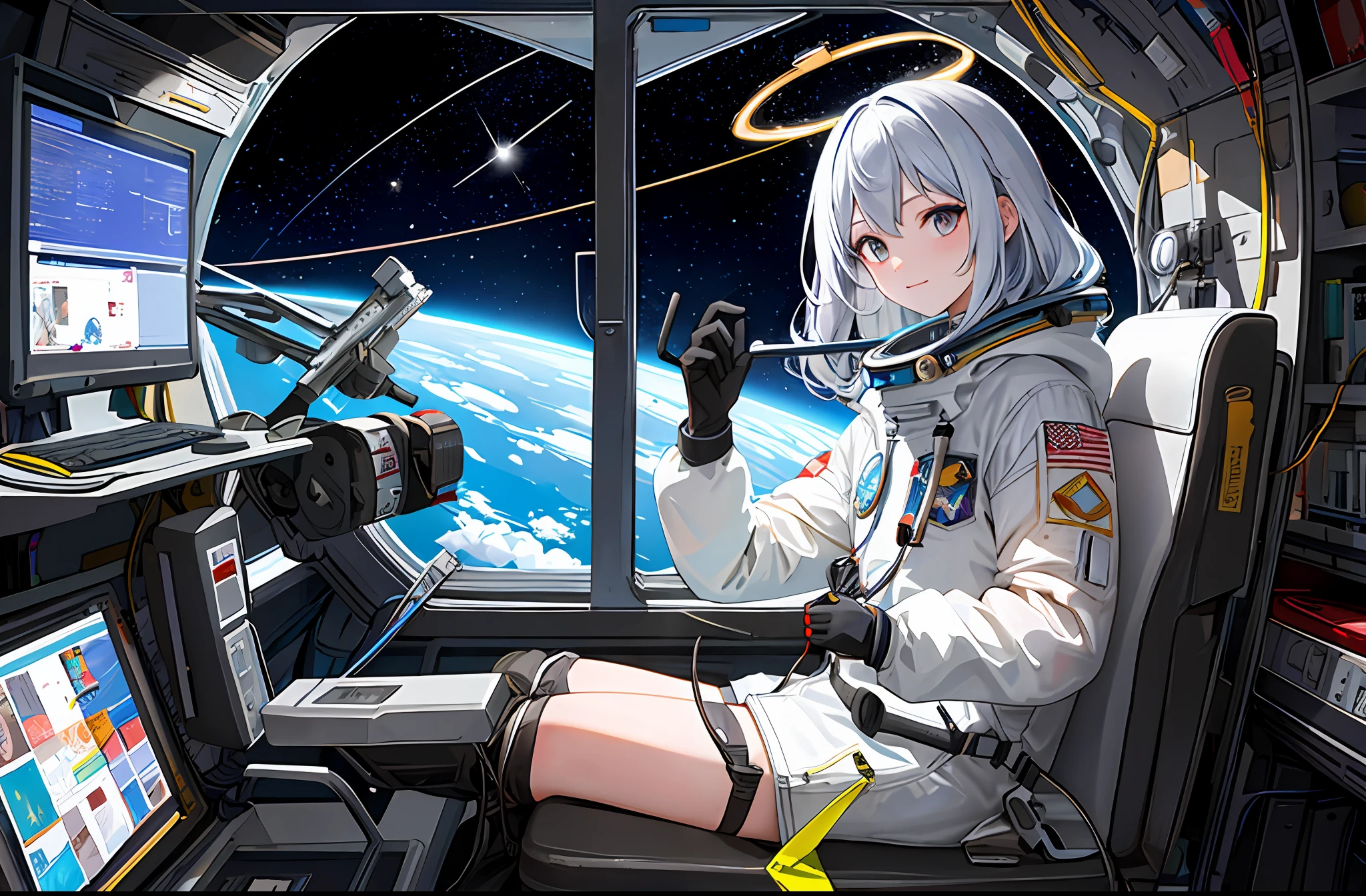 (Masterpiece, Top Quality, Best Quality, Extreme Detail, Supreme Detail, Official Art, Beauty and Aesthetics: 1.2), Colorful, Cowboy Shot, Beautiful Face, Solo, Perfect Body, Beautiful Eyes, 1 Girl, In Space, Spacecraft, Spacesuit, Indoor, (Wire and Cable: 1.1), (Science Fiction: 1.2), Portholes, (Space in Illuminator: 1.1), Stars, Fisheyes, Drifting, Silver White Hair, Neon Lights