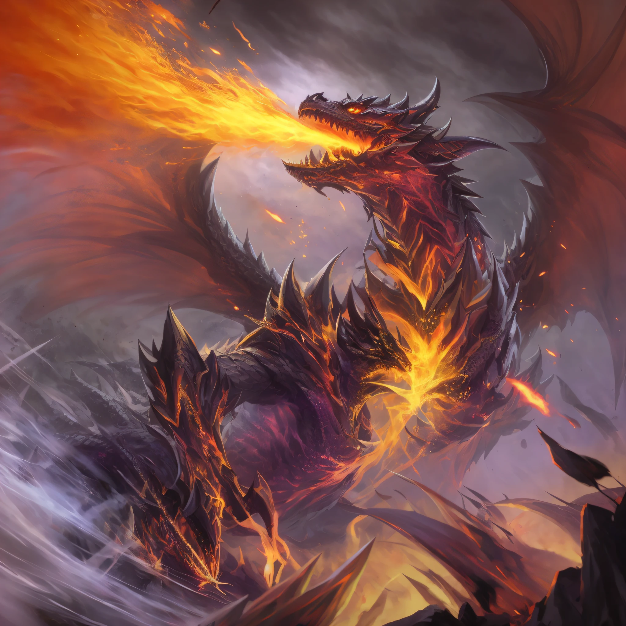 There is a dragon flying in the air, epic dragon, '' dragon breathing fire, dragon breathing fire, fire dragon, fire-breathing dragon, flame dragon snake, dragon blowing fire above, legendary dragon, fire-breathing dragon, rushing through the dragon's lair, huge dragon as background, D&D committee art dragon, dragon art, (Epic Photography: 1.3) (Dark Scene: 1.2) with moody side light, (Edge light: 1.2) Silhouette, (Giant dragon face: 1.3) in smoke, (Embers: 1.2) Glow in his nostrils, low flame glowing in his mouth, (Detailed glowing eyes: 1.1) Haunting gaze (HyperSmoke: 0.4) (Unddep_768:0.4) (UTIL_ PortraitHelper: 0.6) Award-winning VFX (STY_mjgs:0.3) (STY_MJ_dgtlv2:0.3) by weta digital and Houdini smoke simulation wavelets (:0.3) KC16-v3-6250 (STY_rzminjourney:0.3) Rule of Thirds Reflecting Fibonacci Spiral Composition, Hasselblad Fuji Medium Format, Carl Zeiss, Amazing Contrast, Incredible Dynamic Range