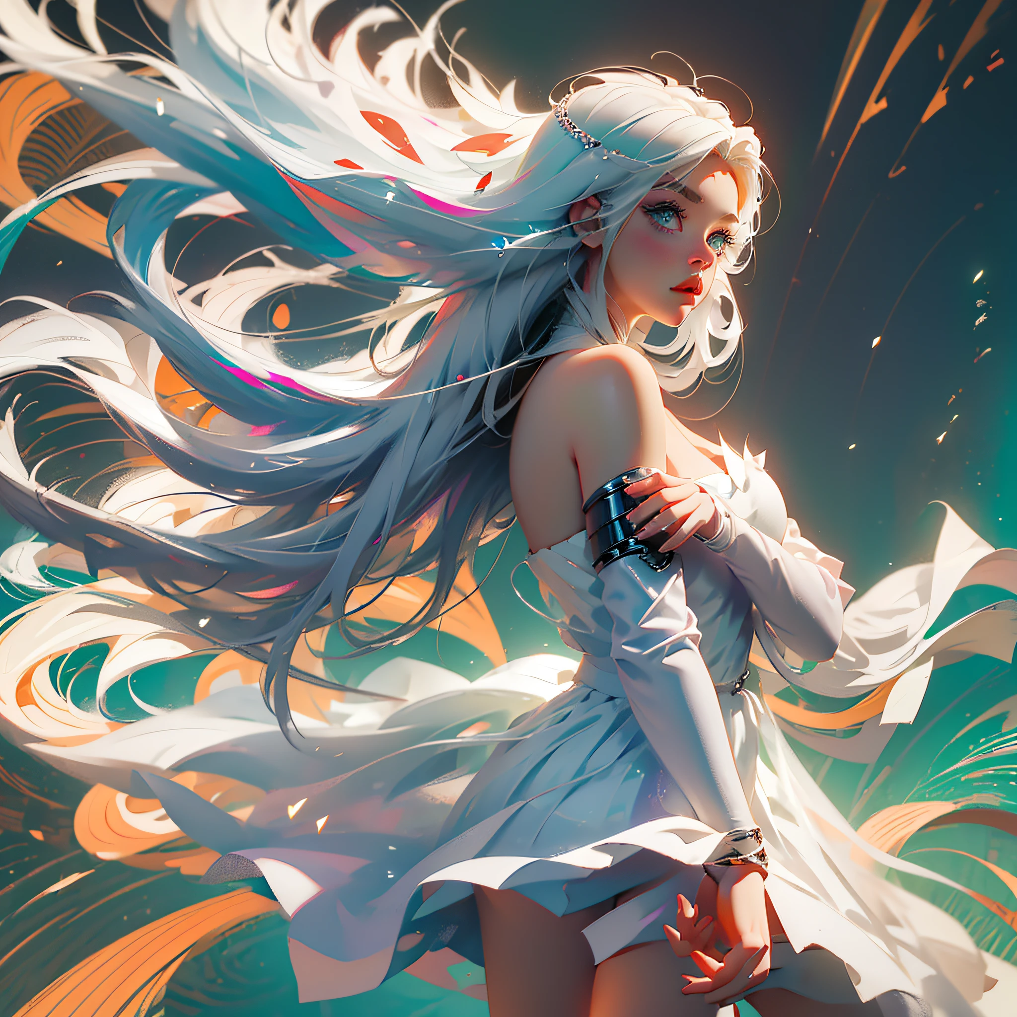 Naruto blonde woman in white dress with long hair and white dress, The concept art was inspired by INO, Popular in pixiv, Anime Barbie in white, Tifa Lockhart with white hair, Nico wore a white dress, The style is a mix of æon flux, Emma Frost, Style mix æon flux, White dress!! Silver , Renaissance --auto --s2