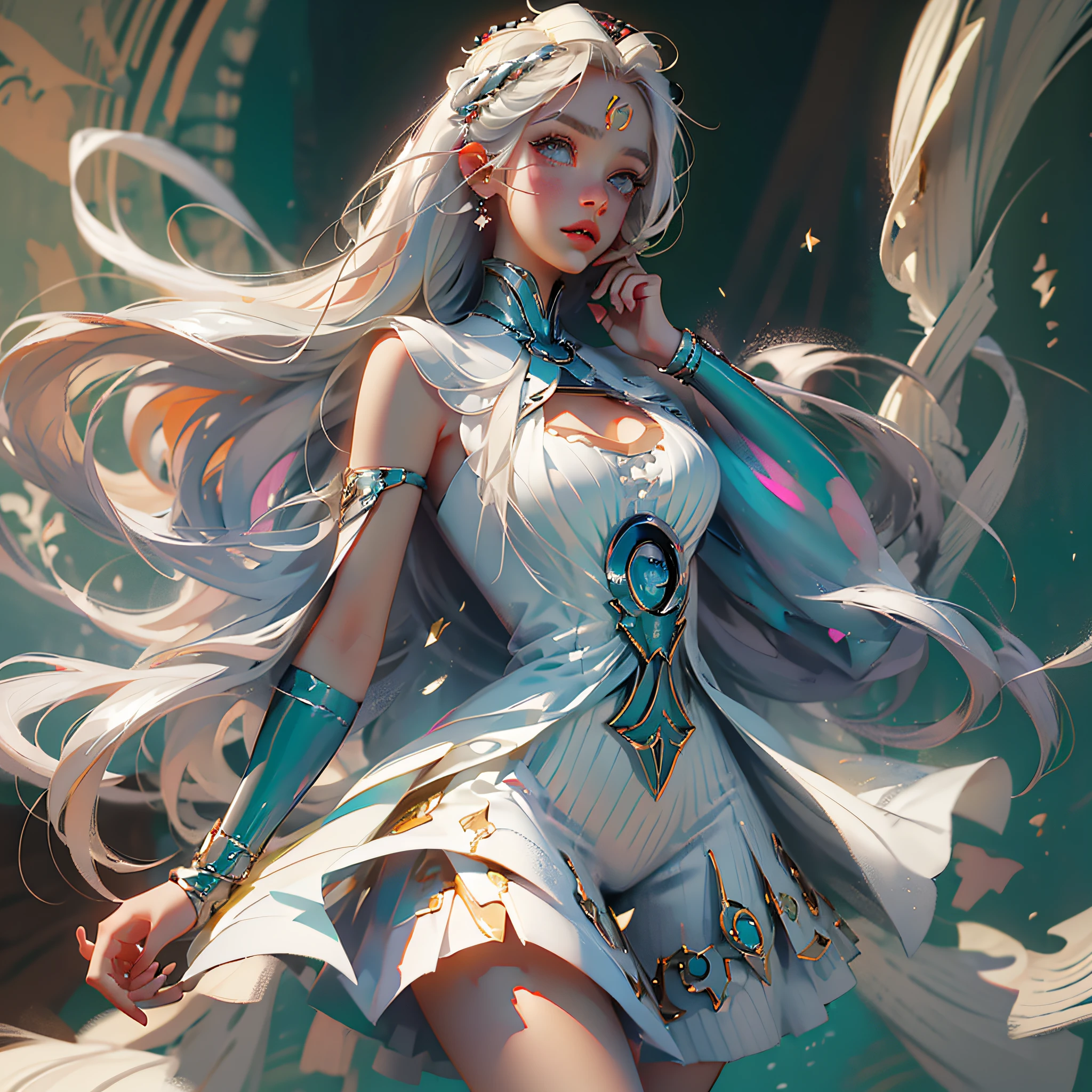 Naruto blonde woman in white dress with long hair and white dress, The concept art was inspired by INO, Popular in pixiv, Anime Barbie in white, Tifa Lockhart with white hair, Nico wore a white dress, The style is a mix of æon flux, Emma Frost, Style mix æon flux, White dress!! Silver  , Renaissance --auto --s2