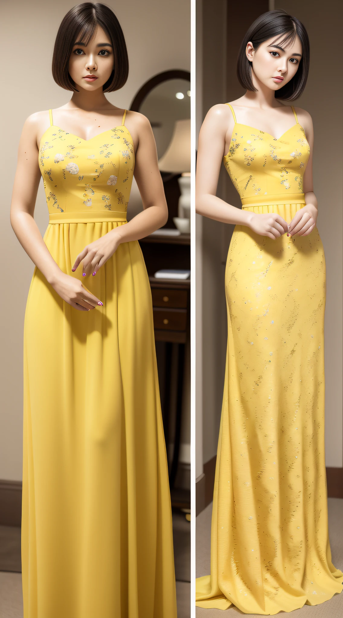 Photo of woman in yellow dress with floral pattern, best quality, masterpiece, (realism: 1.2), (realistic lighting, best quality, 8k, masterpiece: 1.3)), clear focus: 1.2, an extremely delicate beauty with perfect figure: 1.4, slender abs: 1.1, short hair, ((dark brown hair)), ultra-fine face, fine eyes, double eyelids, full body, standing