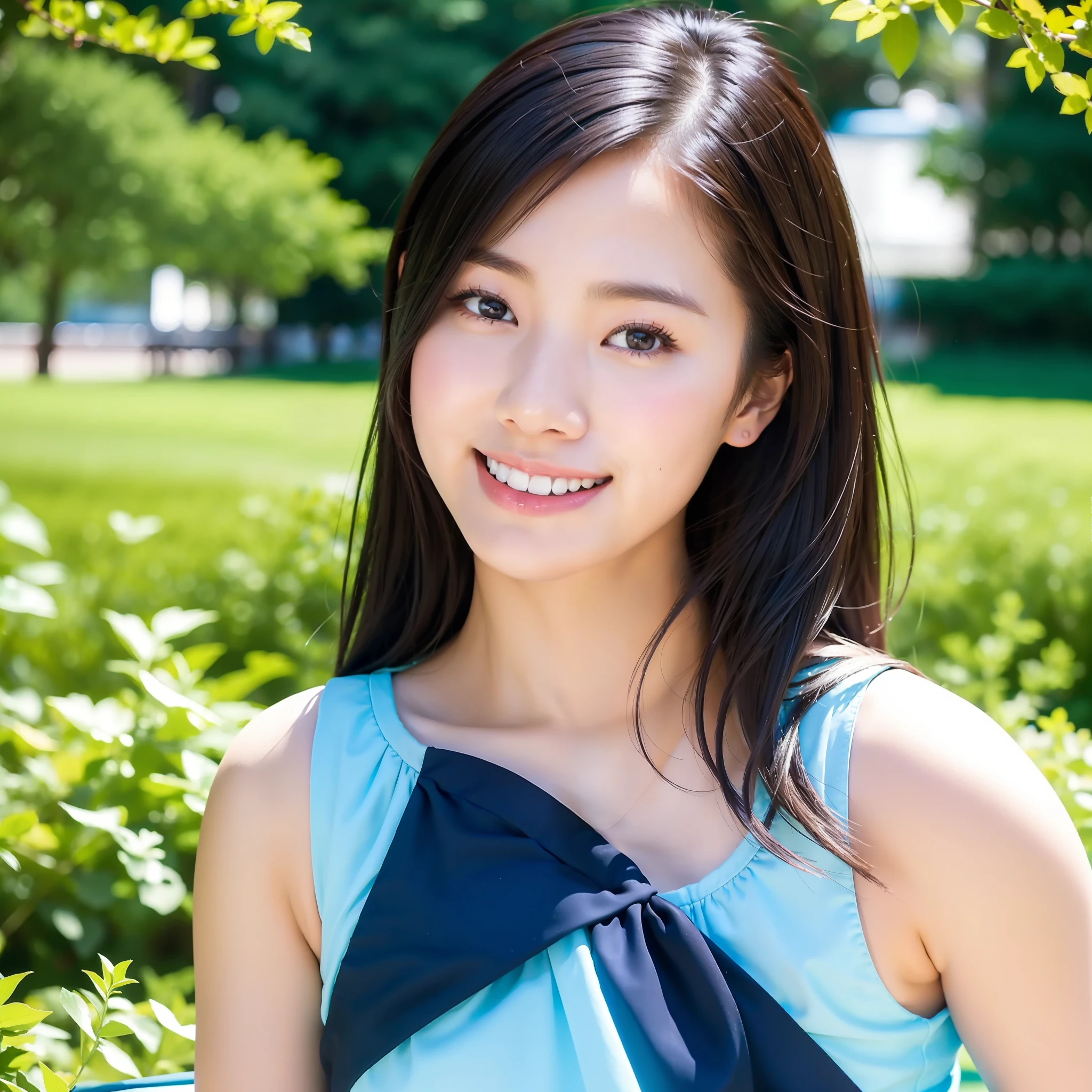 In the park, a simple young girl sits quietly on a bench, her black hair naturally falling on her shoulders, only gently fluttering when the slight breeze blows. She looks very comfortable wearing a long blue dress, and the loose design of the skirt allows her body to breathe freely and looks very natural. Her skin is smooth and soft, white as jade, and looks fresh and smiling in the sun