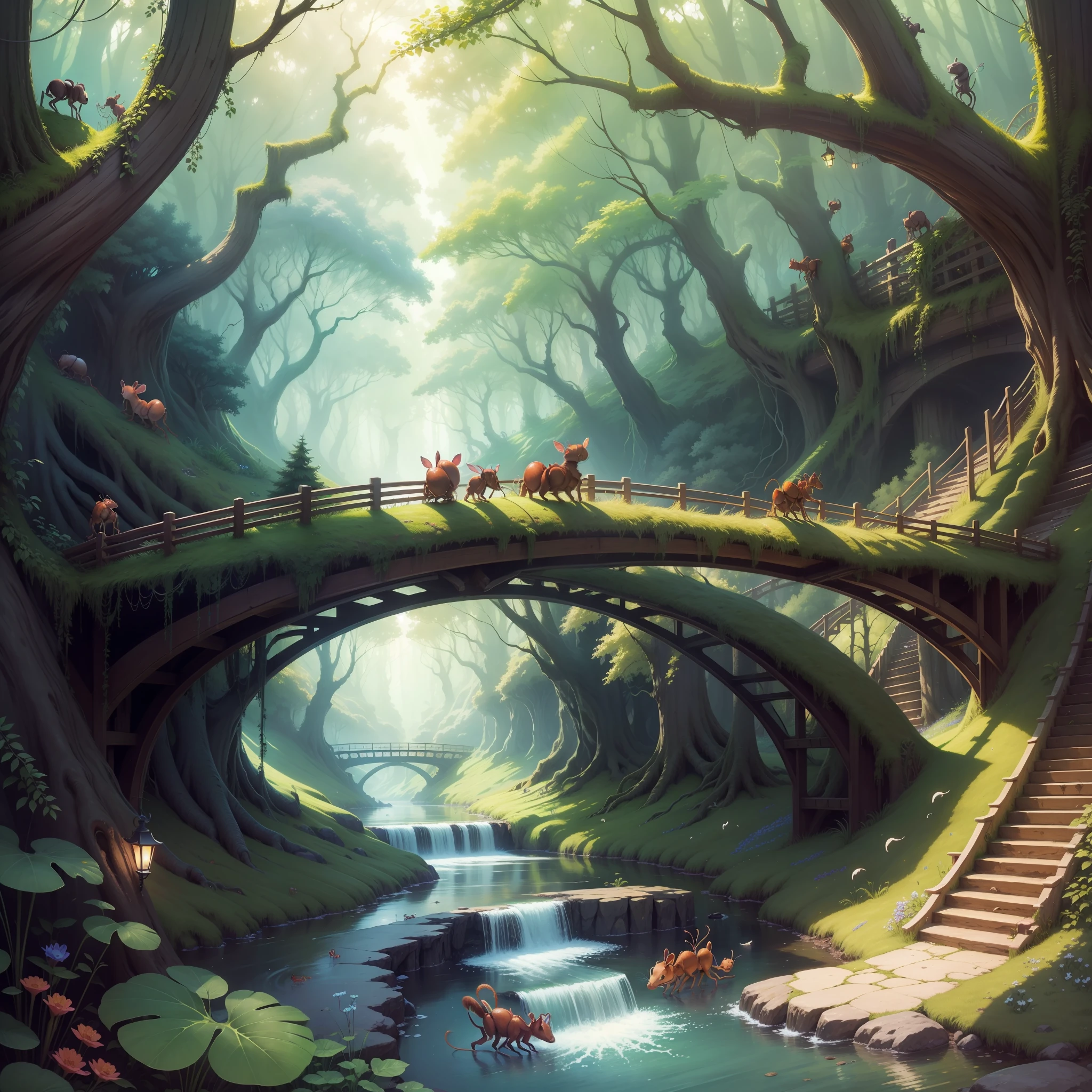 Suggestion for children's book cover. Animal ants. enchanted forest. enchanted world. bridge and creek. rainbow --auto --s2