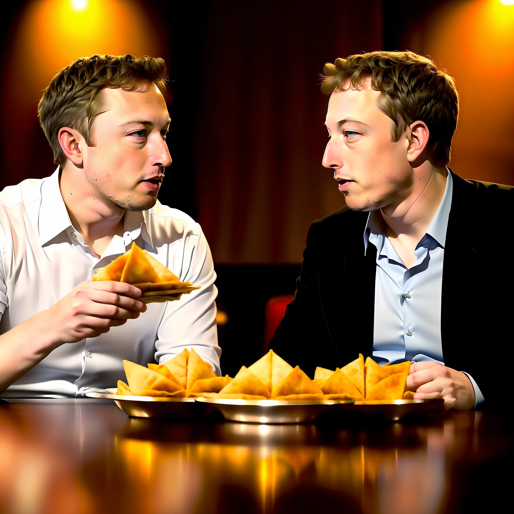 Detailed photo of Elon Musk and Mark Zuckerberg sitting together at table and eating samosas, hip level shot, detailed face, photo realistic, there is a plate of samosas on the table, Elon musk and Mark Zuckerberg eating samosa, 8k resolution,