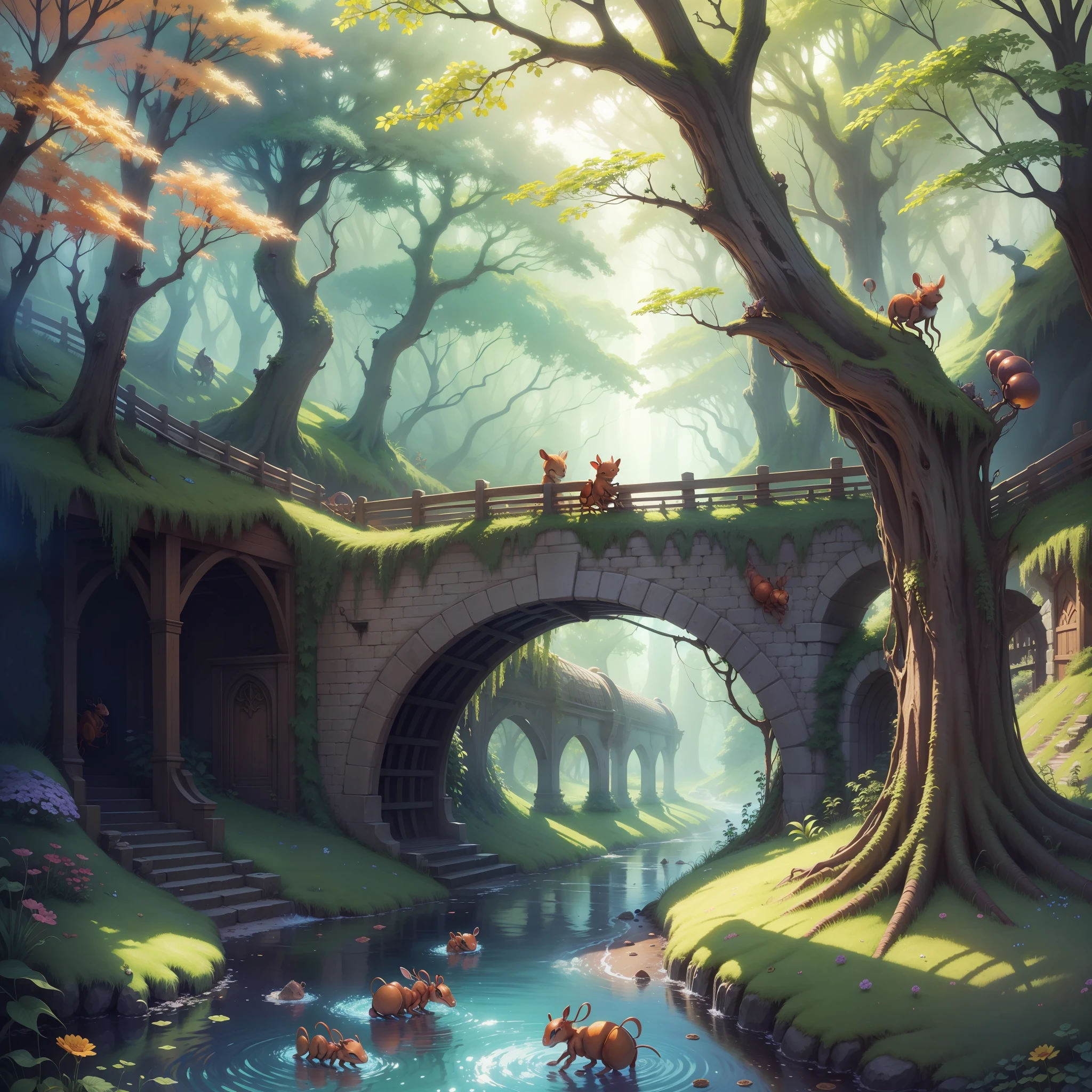 Suggestion for children's book cover. Animal ants. enchanted forest. enchanted world. bridge and creek. rainbow --auto --s2