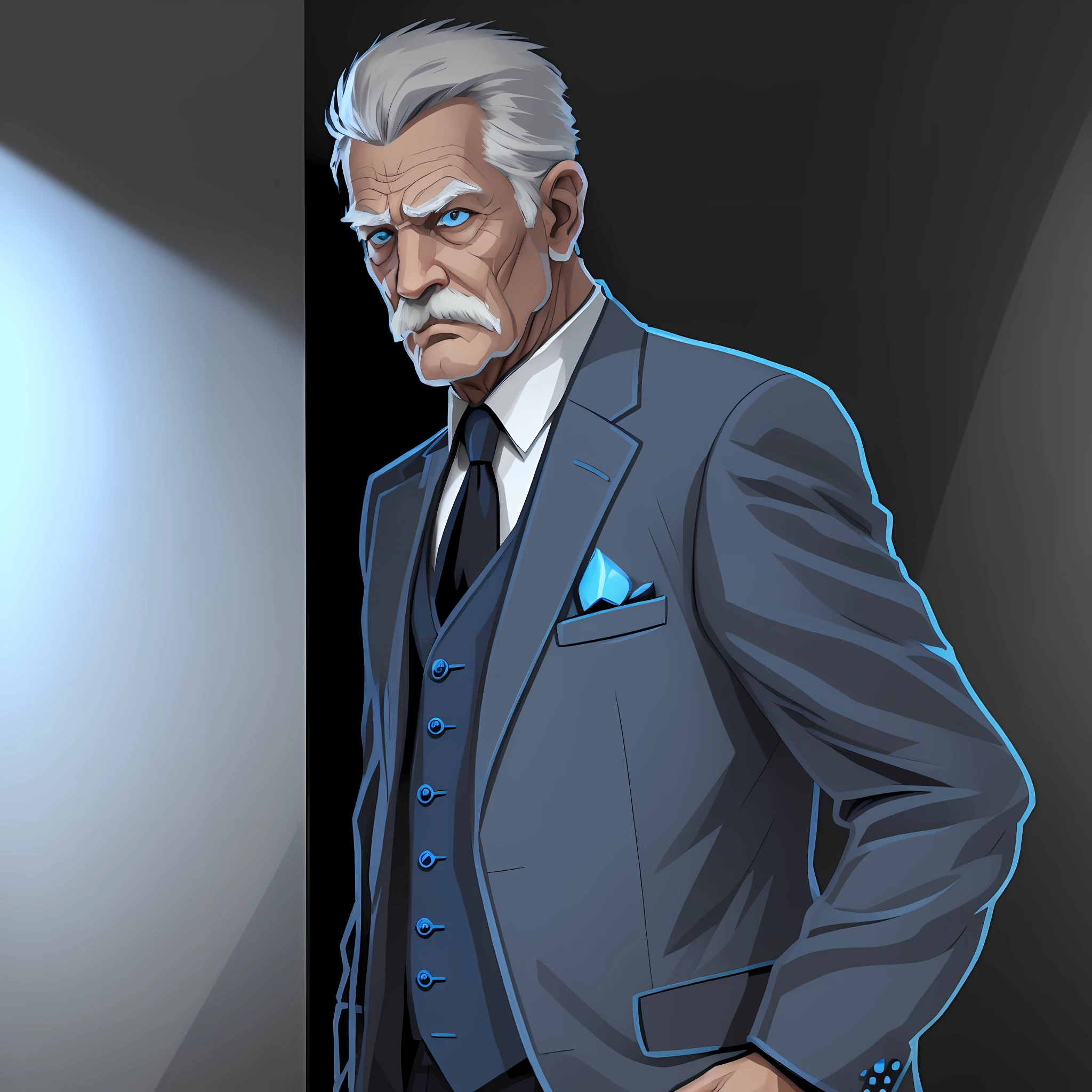 mysterious blue-eyed old man wearing a gray blue suit, 2d character, comic book style, cool, smart, old, grown man, serious, kind