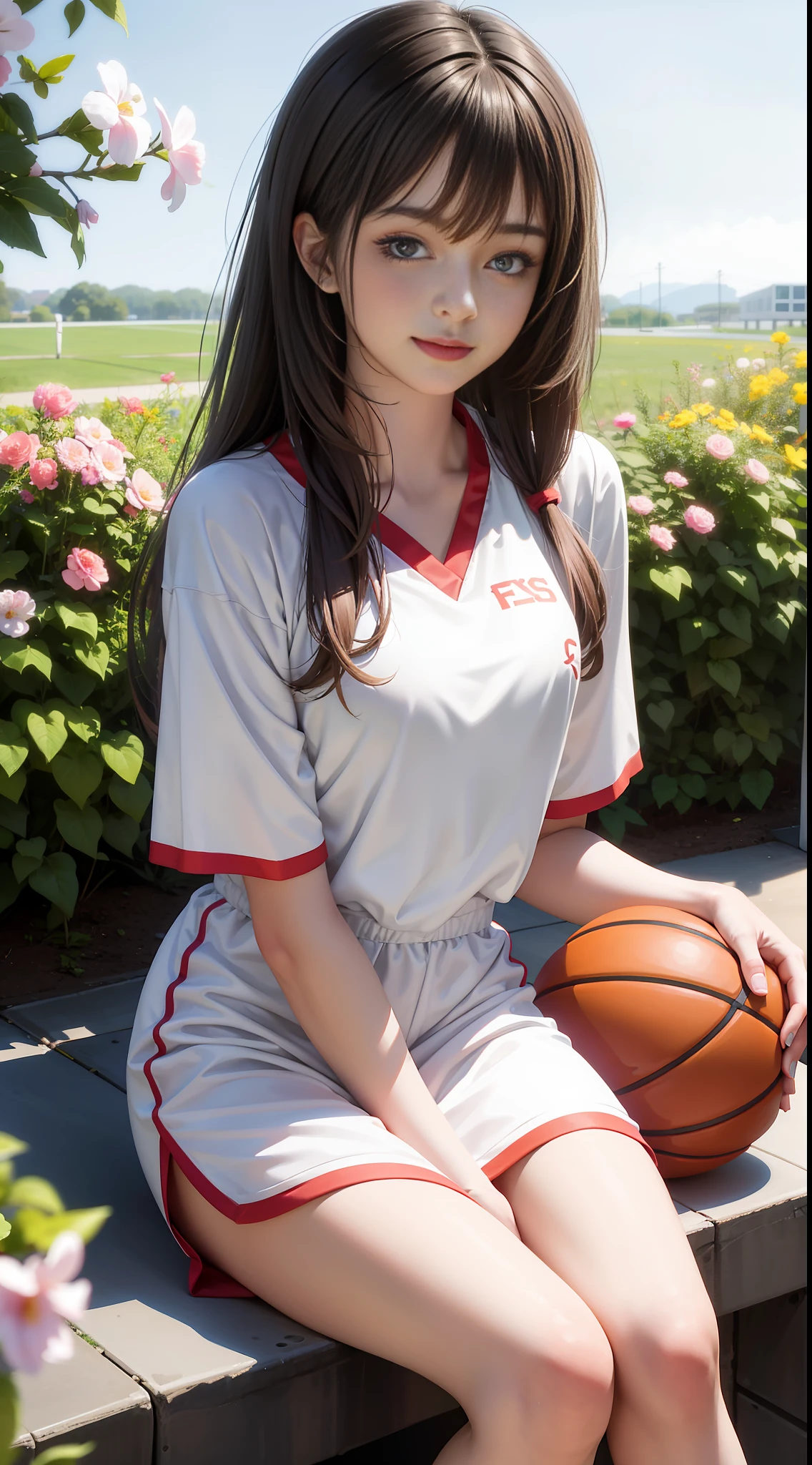 HD, depth of field, sideways, brunette hair, smile, anime, basketball girl, wearing a white jersey, sitting on campus, surrounded by colorful flowers and plants