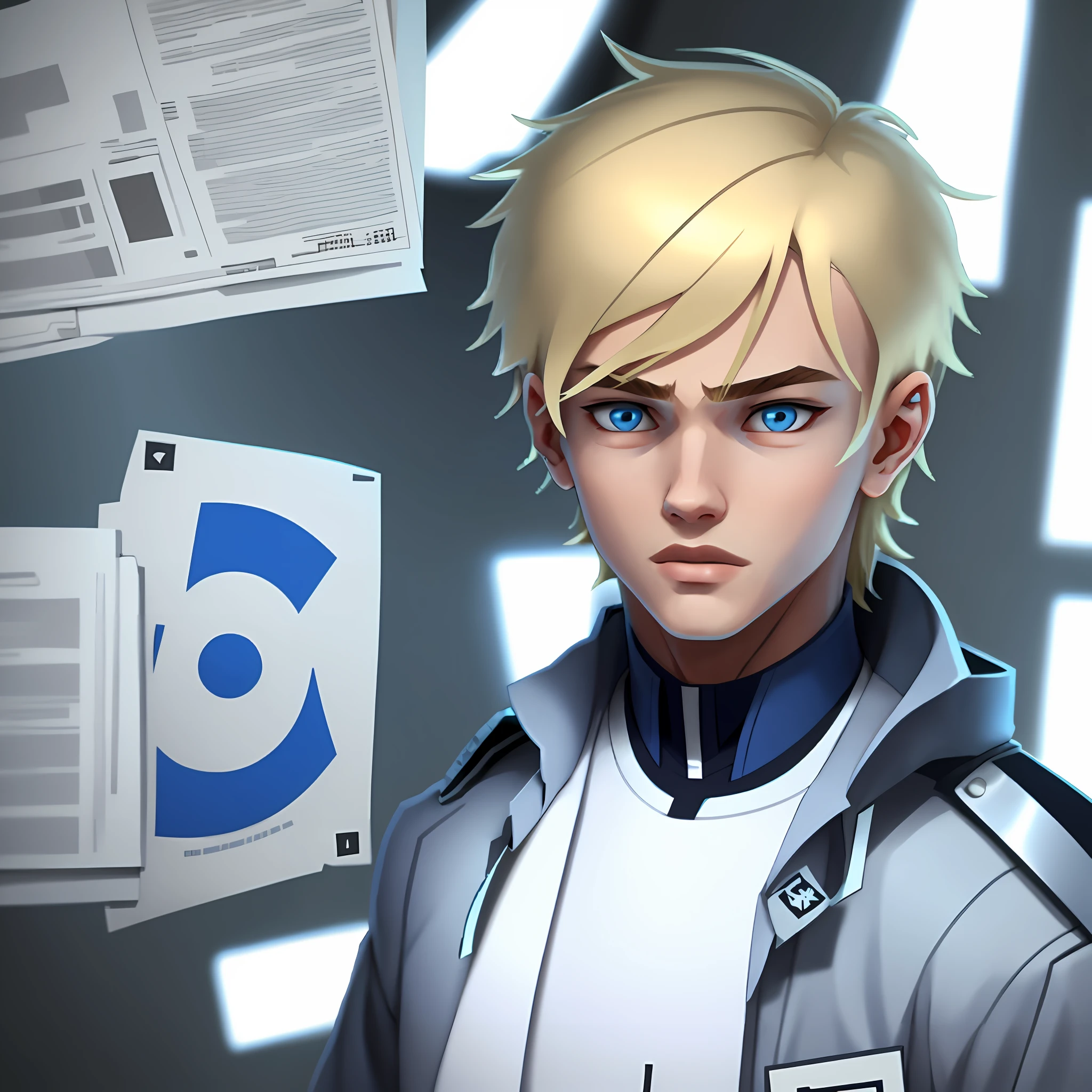 blue-eyed blonde boy student wearing modern clothes, cute 2d character, popular, comics style, boy